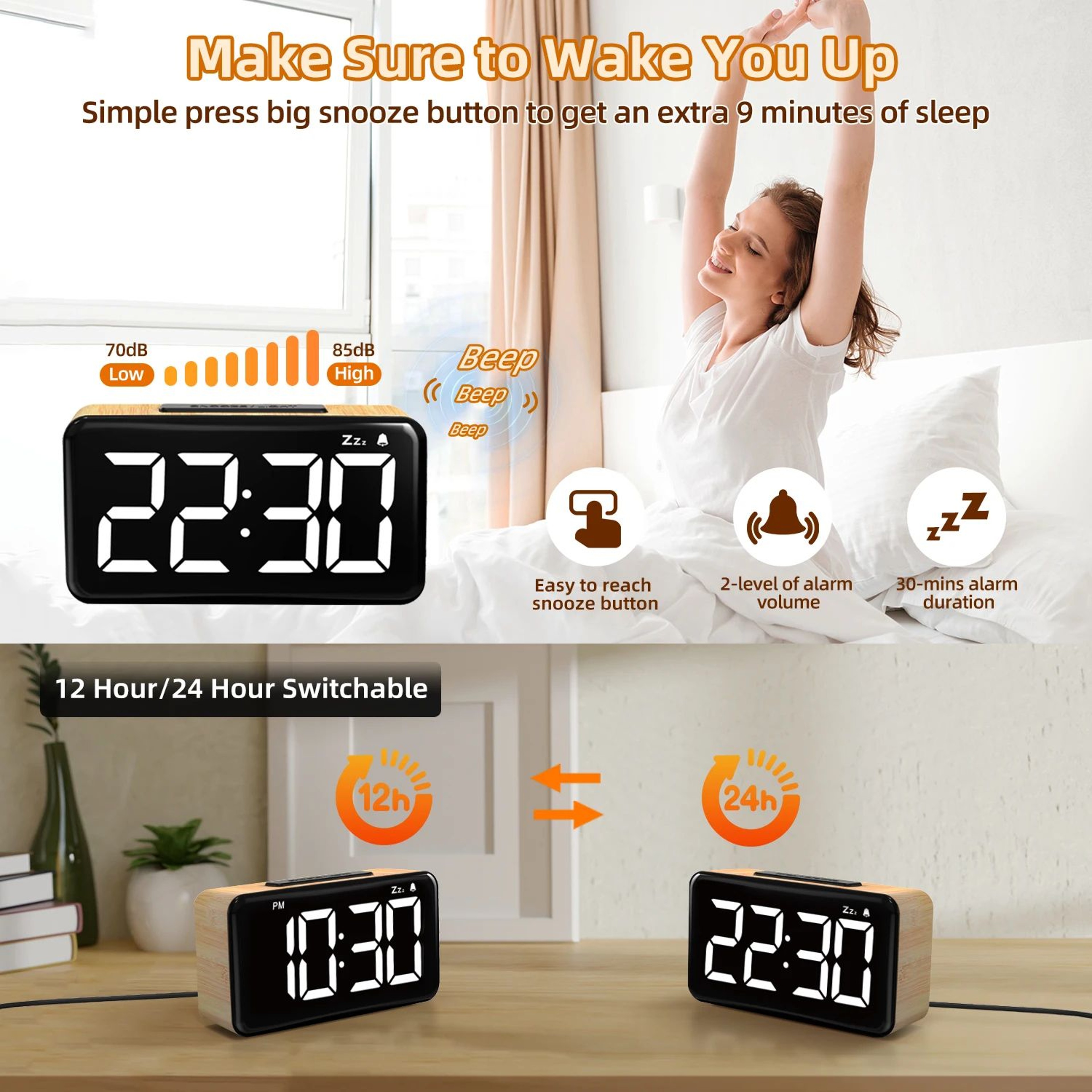 Wood Grain Digital Alarm Clock  LED Desk Clock With USB Charging 6Level Brightness Snooze  1224H Di 1