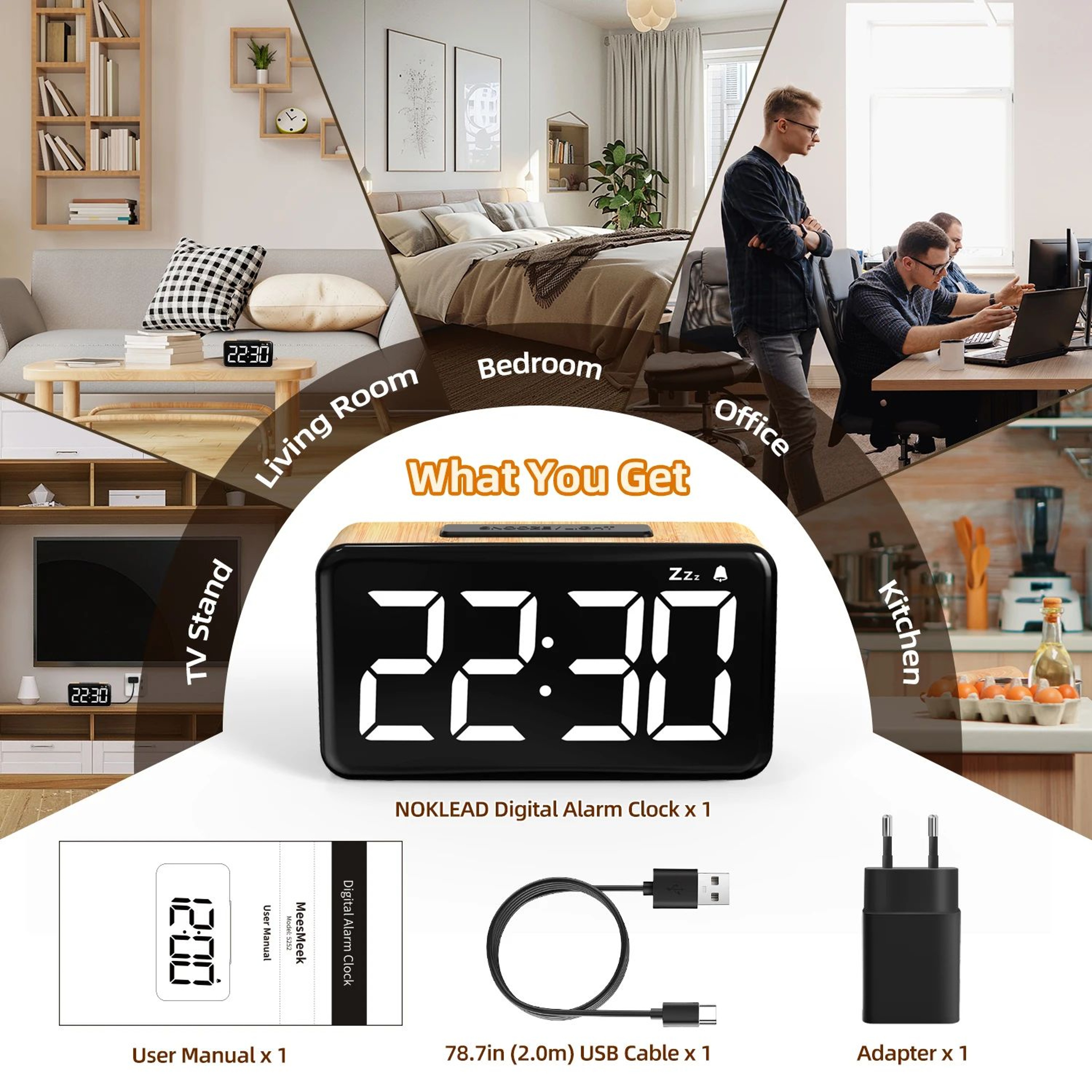 Wood Grain Digital Alarm Clock  LED Desk Clock With USB Charging 6Level Brightness Snooze  1224H Di 5