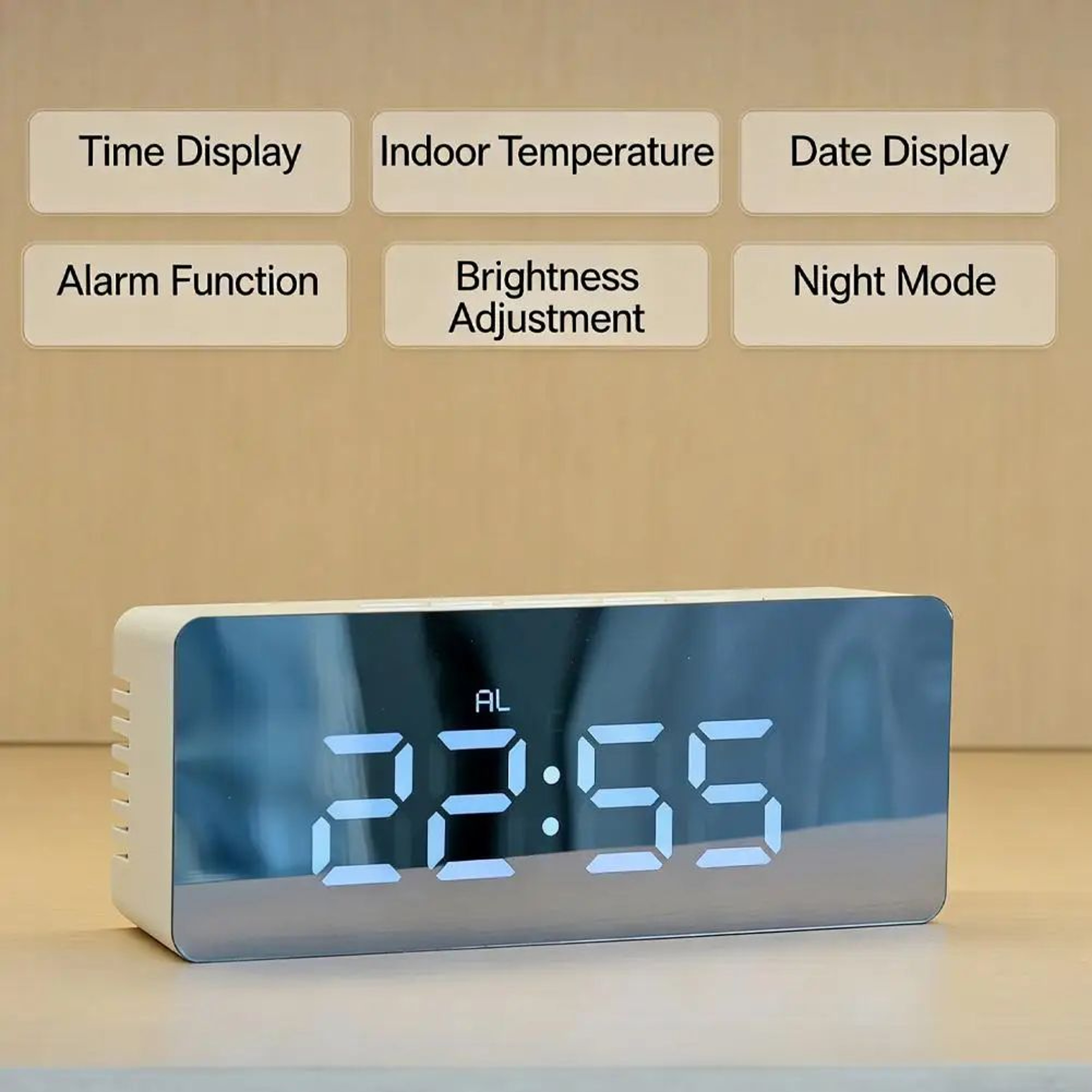 Small Digital Alarm Clock  Mirror LED Large Display With Adjustable Brightness Snooze Temperature   1