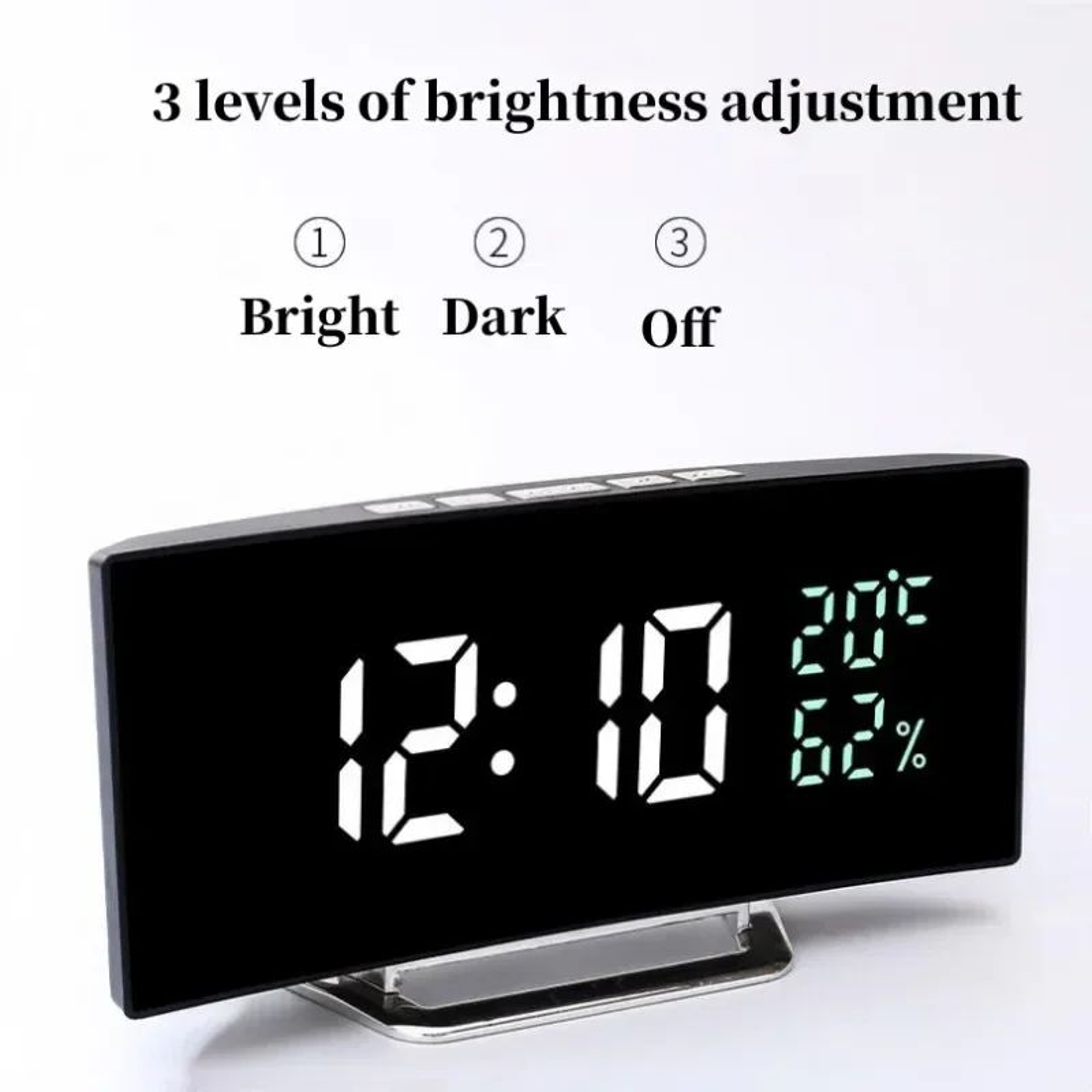 Curved LED Digital Alarm Clock  Temperature Humidity Display 3 Alarms Snooze Night Mode  Adjustable 2