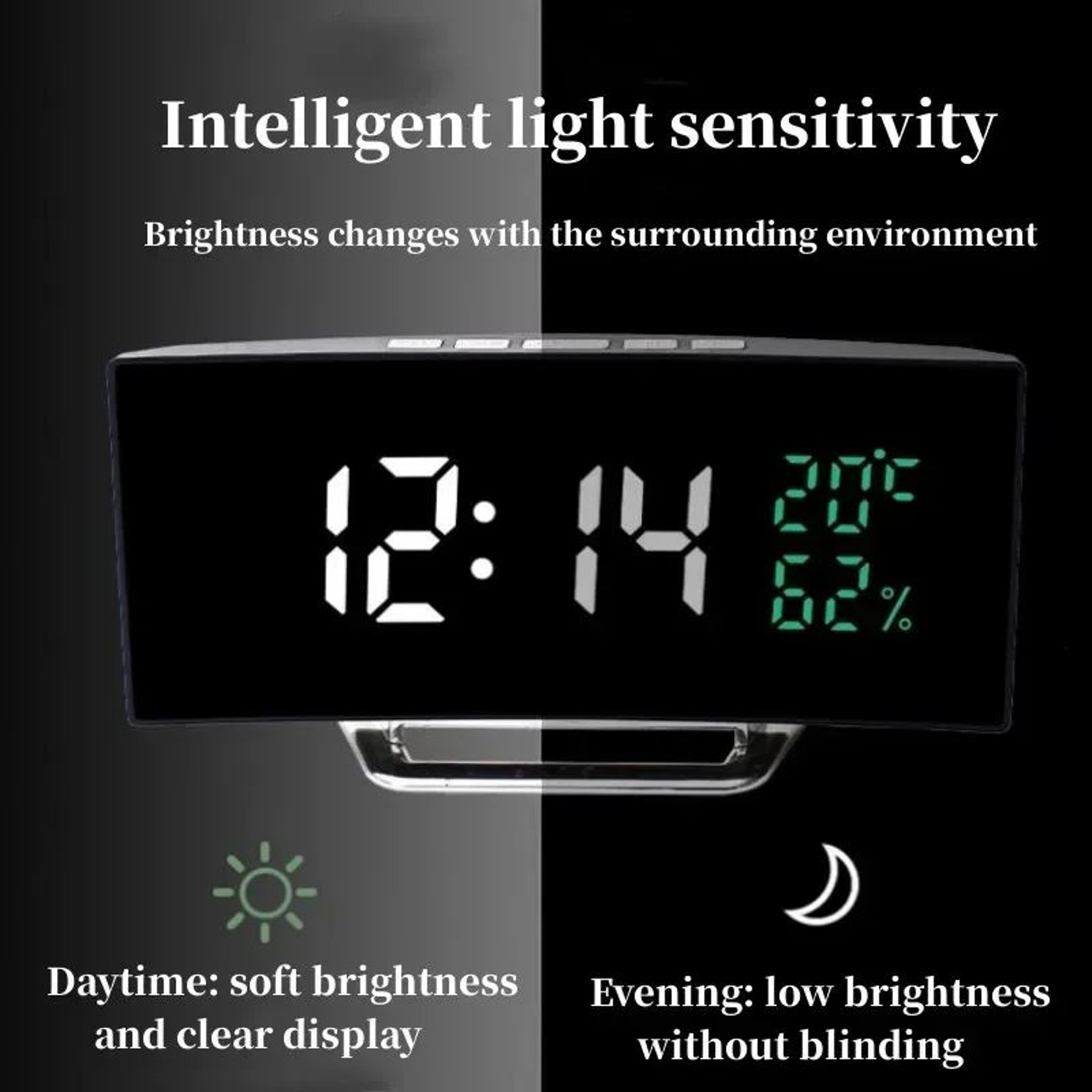 Curved LED Digital Alarm Clock  Temperature Humidity Display 3 Alarms Snooze Night Mode  Adjustable 4