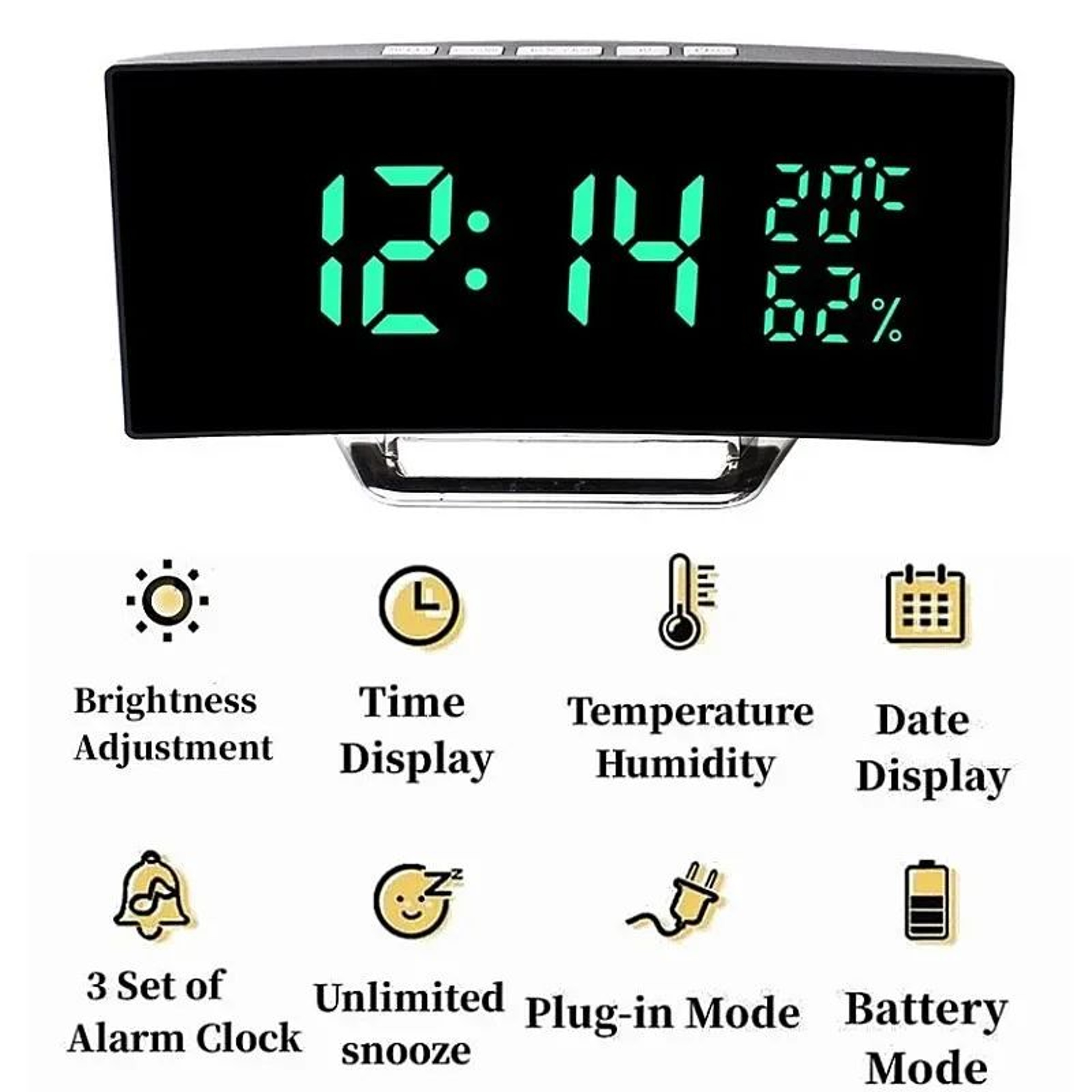 Curved LED Digital Alarm Clock  Temperature Humidity Display 3 Alarms Snooze Night Mode  Adjustable 8