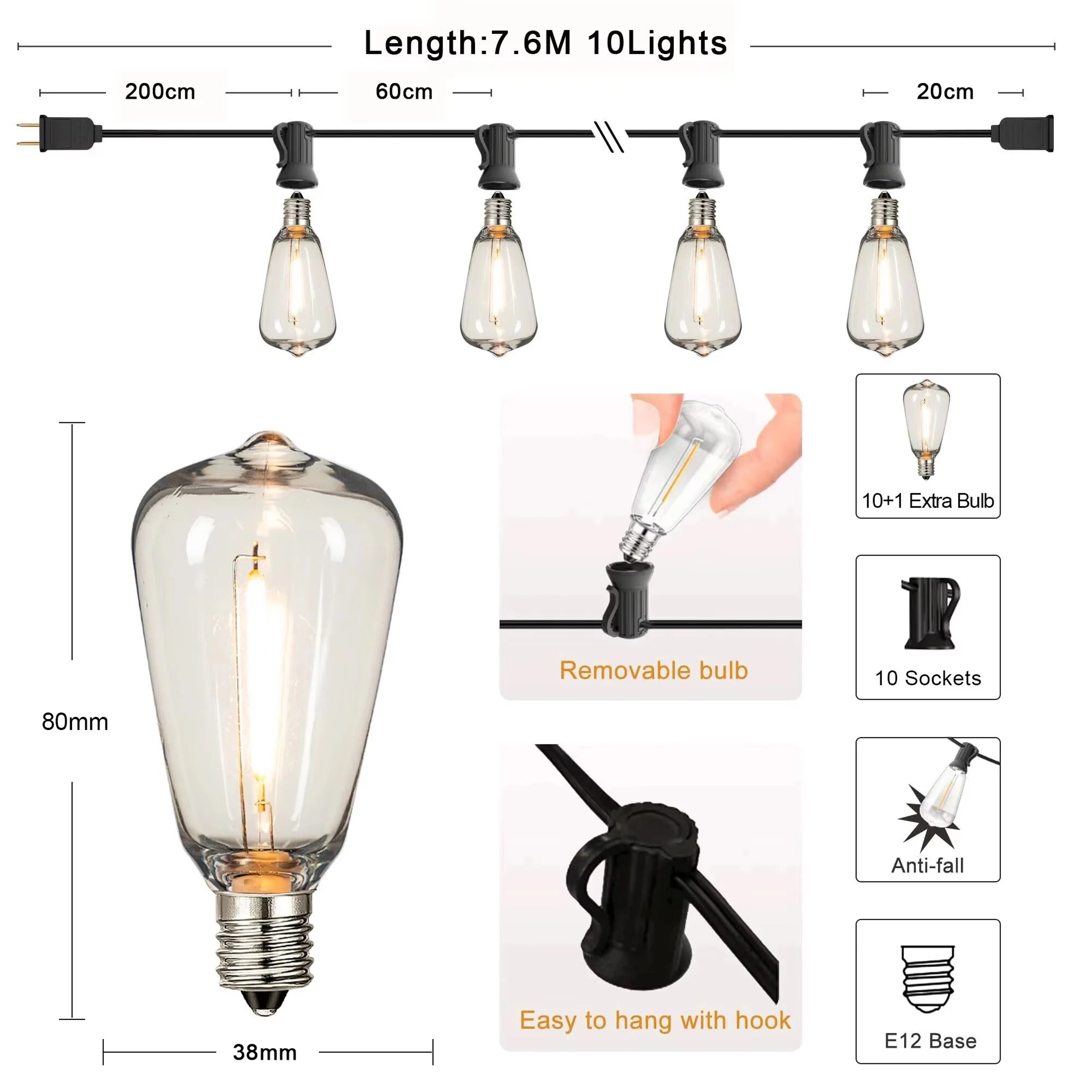 ST38 Outdoor String Lights  Connectable Shatterproof Waterproof Dimmable LED Patio Garden Garland L 6