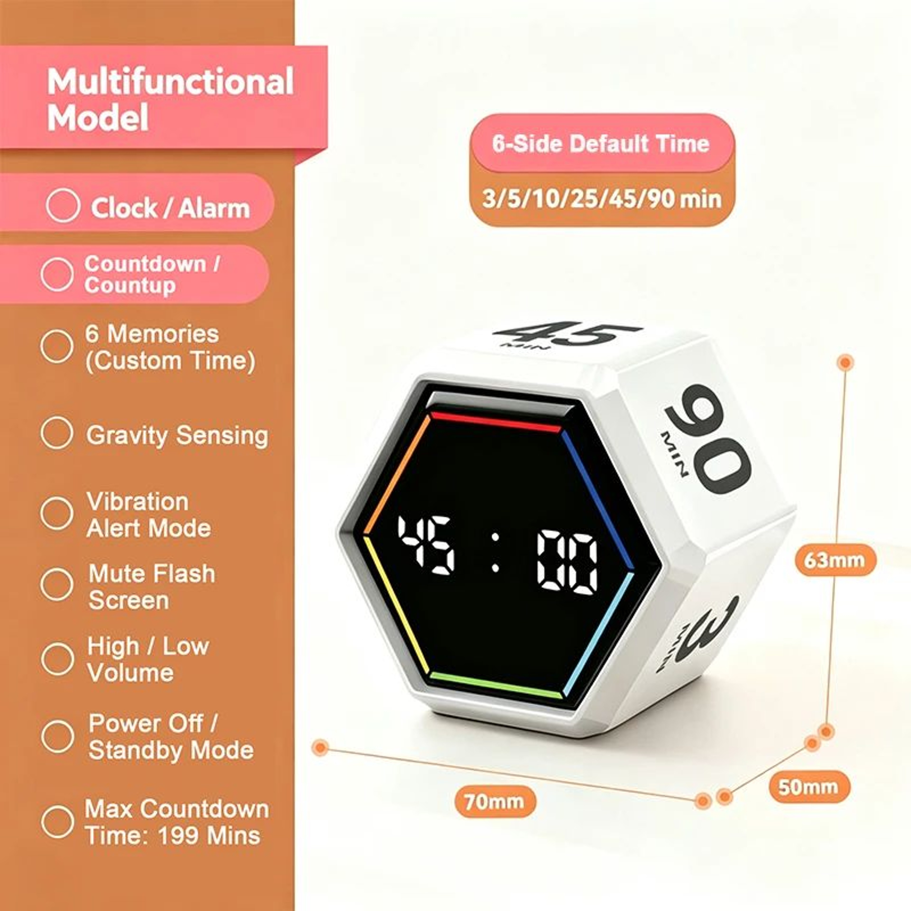 YS1088 Productivity Flip Timer  Gravity Sensor Cube With 6 Preset Times LED Display Alarm  Recharge 5