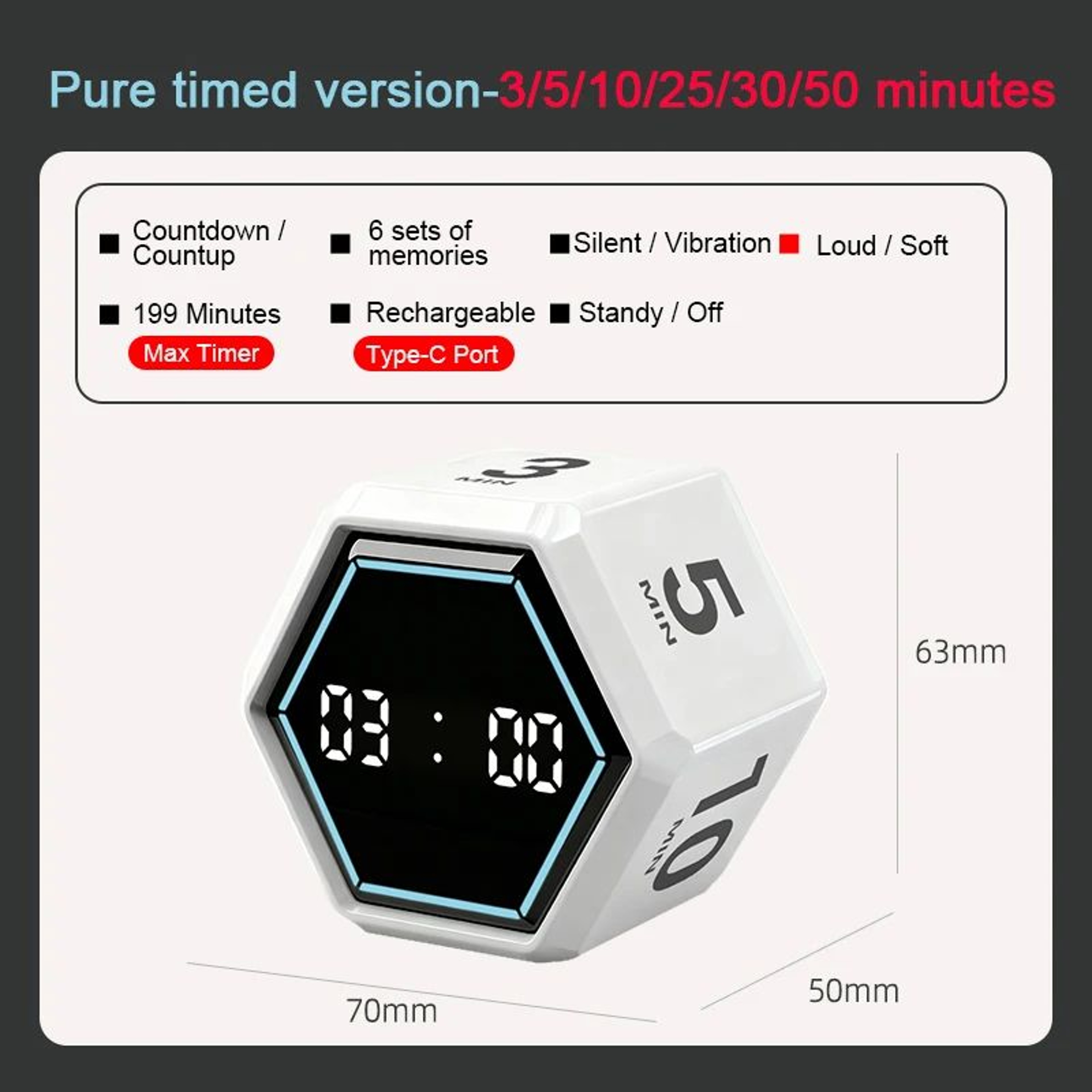 YS1088 Productivity Flip Timer  Gravity Sensor Cube With 6 Preset Times LED Display Alarm  Recharge 6