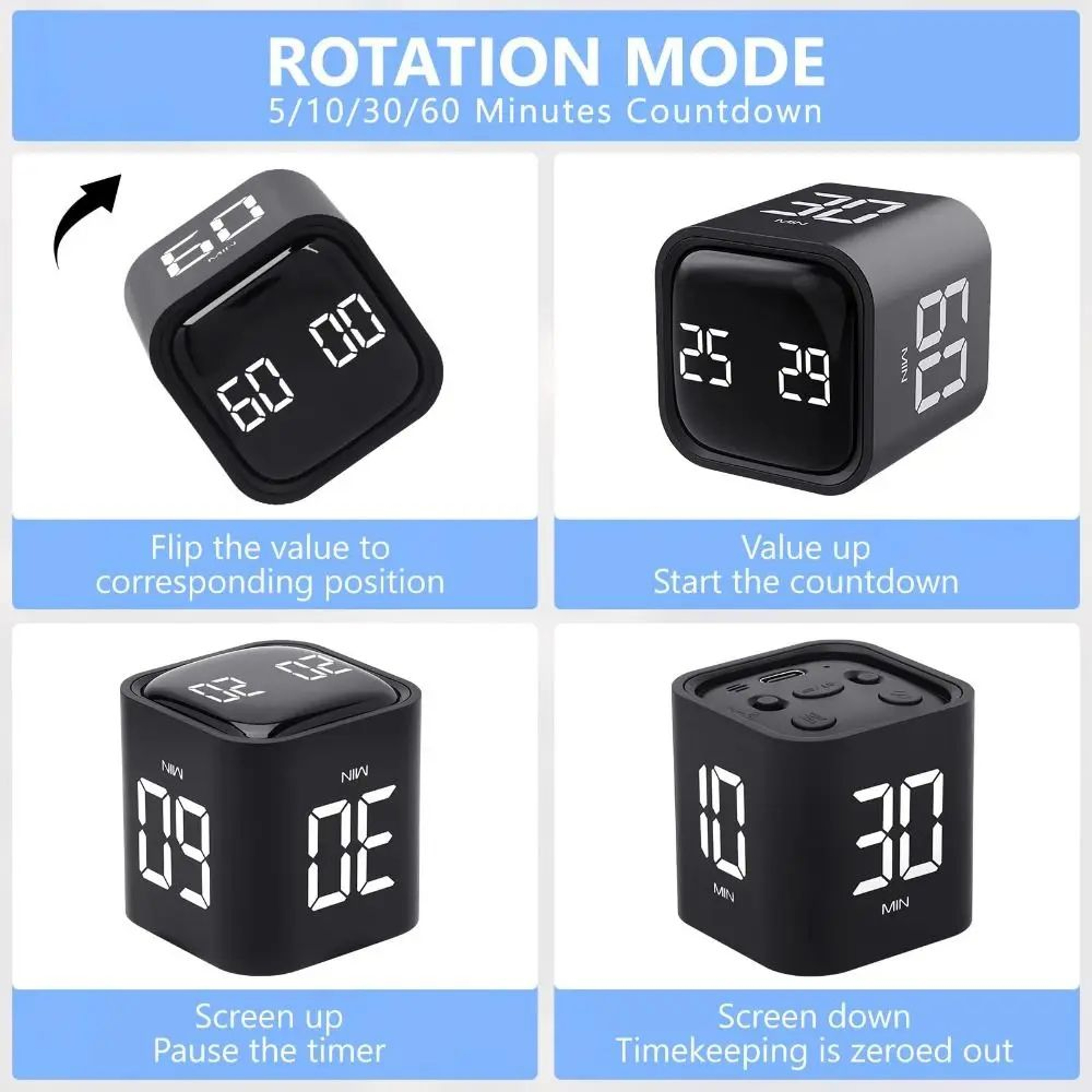 Gravity Sensing Digital Cube Timer  Rechargeable Pomodoro Countdown Timer With Adjustable Volume  C 3