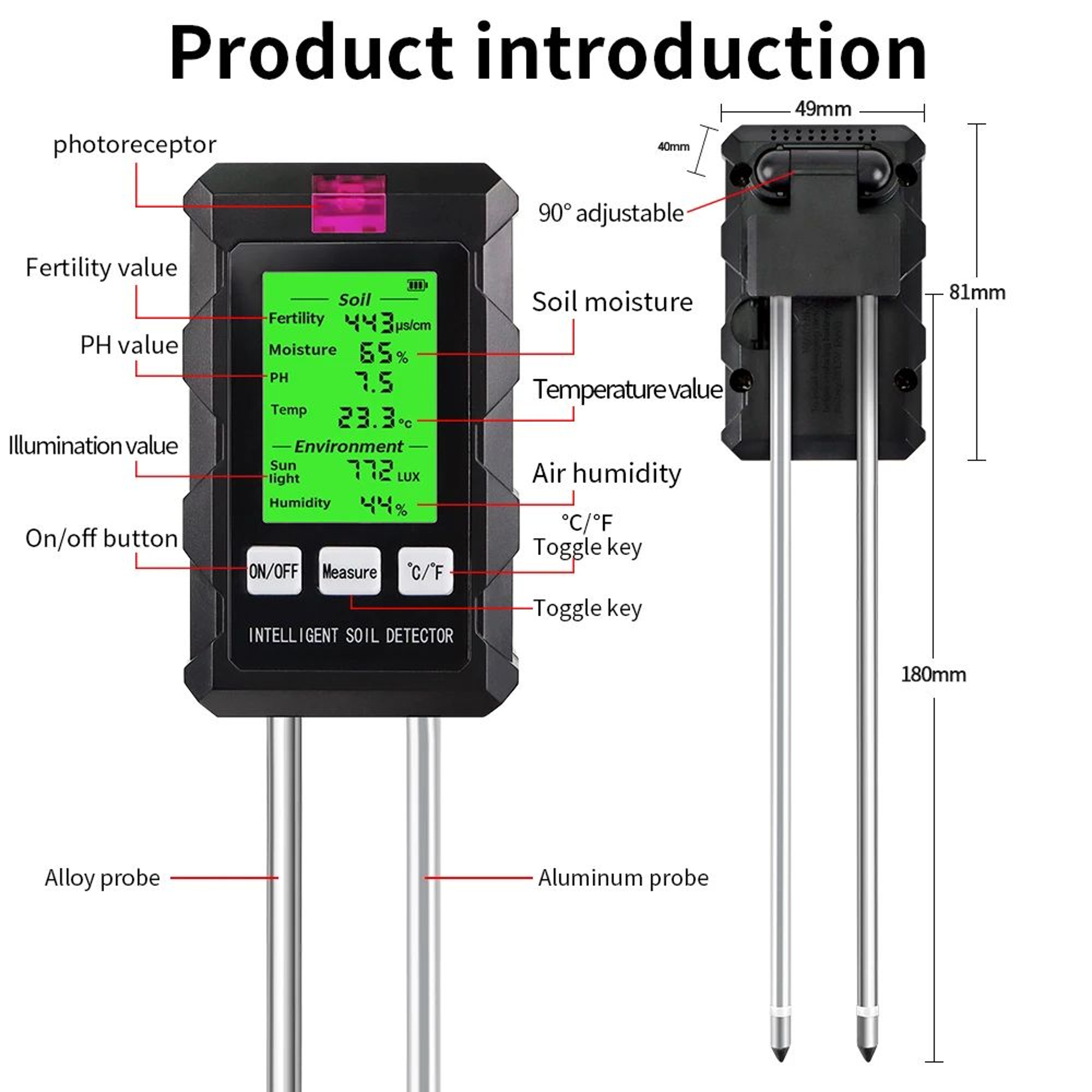6in1 Digital Soil Tester  PH Fertility Moisture Temperature Sunlight  Air Humidity Meter For Garden 5