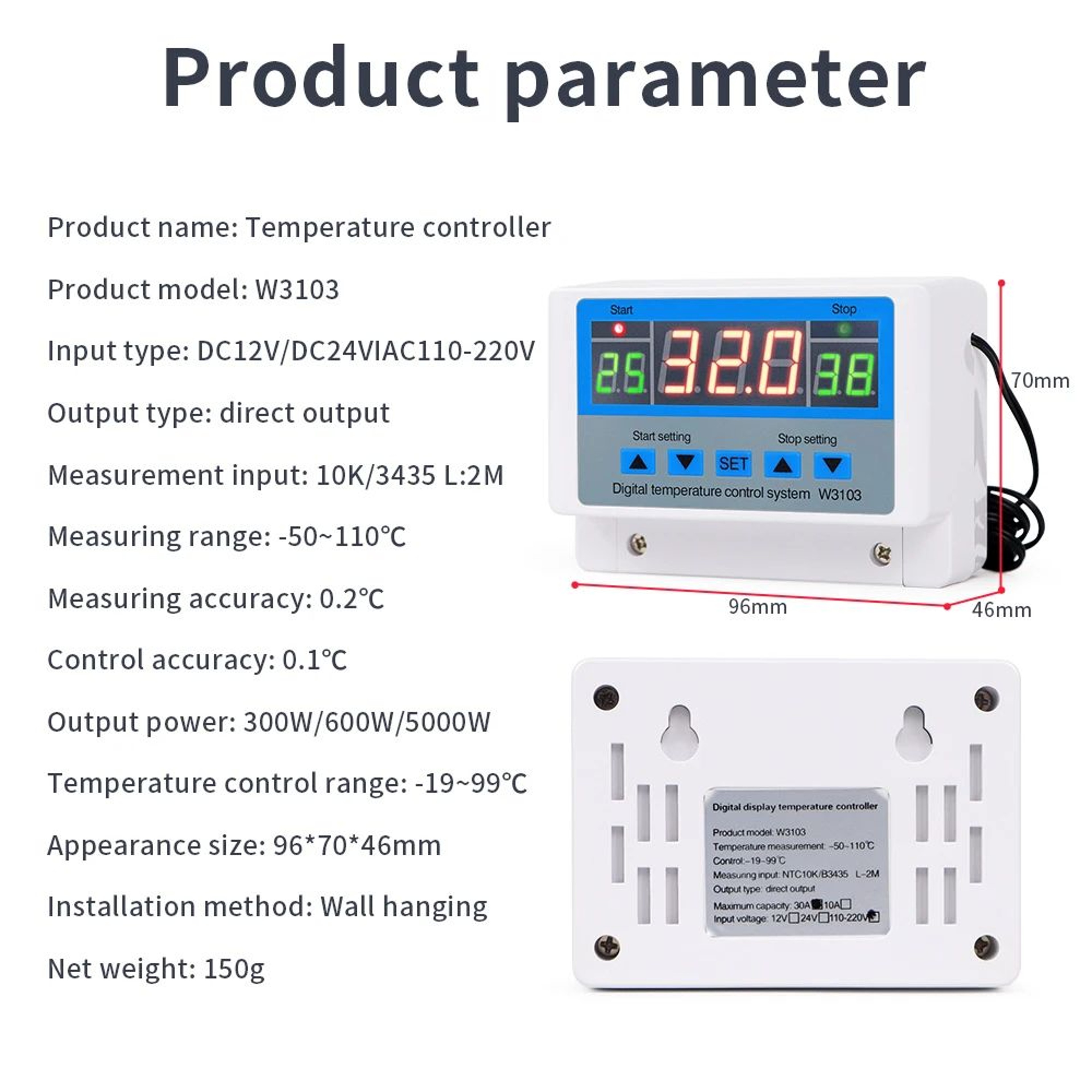 5000W Digital Temperature Controller  220V 30A LCD Thermostat Switch With NTC Sensor For Heating  C 1