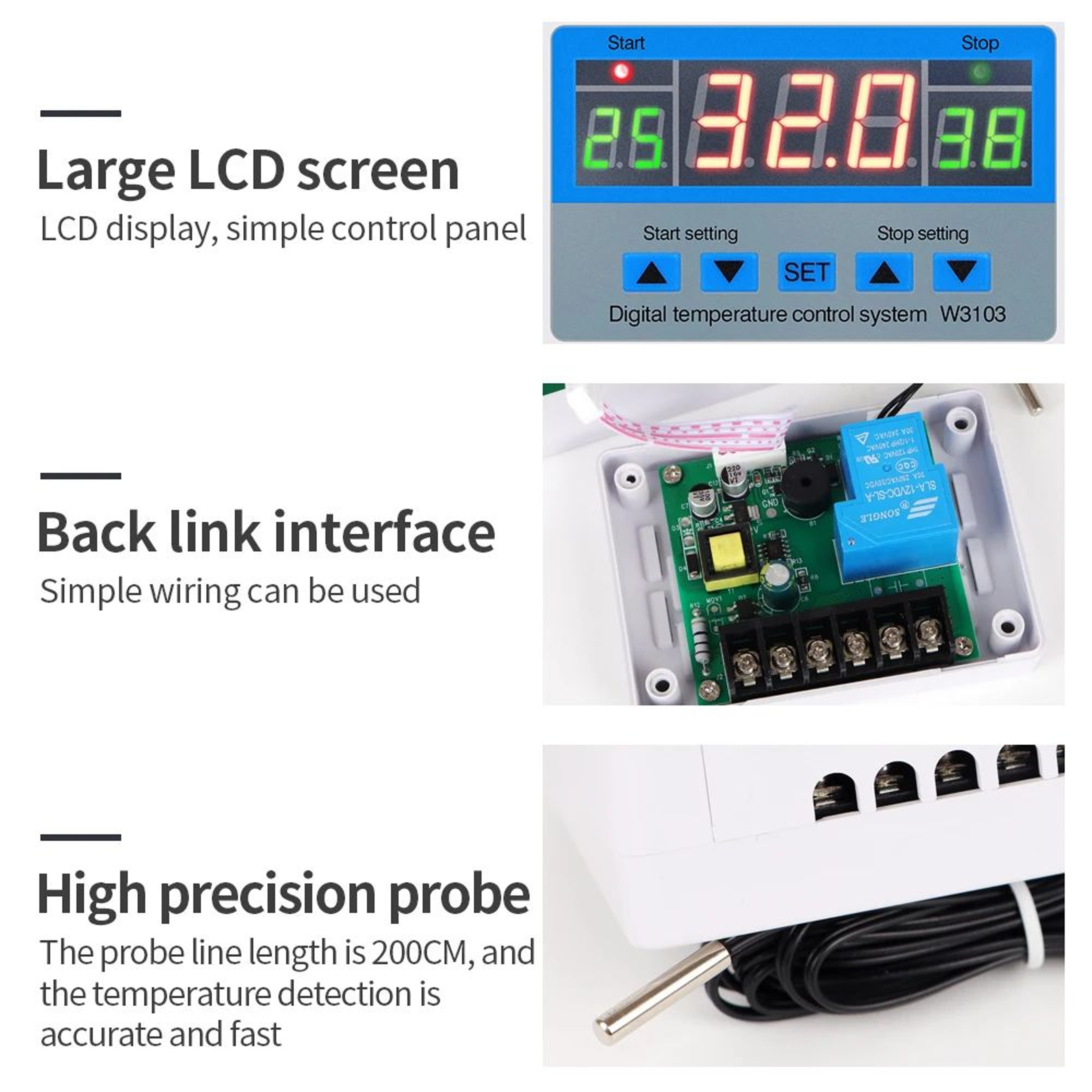 5000W Digital Temperature Controller  220V 30A LCD Thermostat Switch With NTC Sensor For Heating  C 3