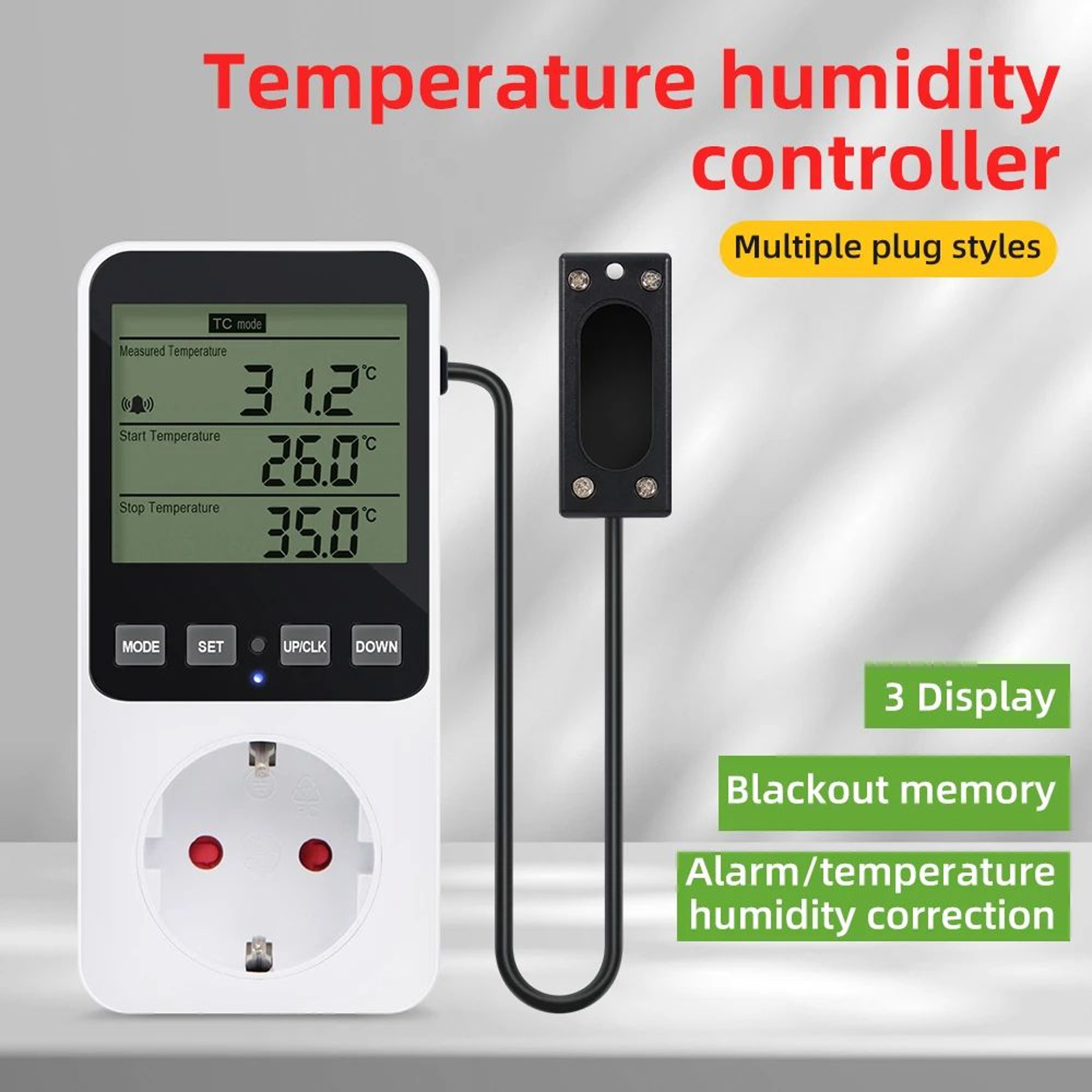 Digital Temperature Humidity Controller  LCD Thermostat Hygrostat Timer Socket With Sensor 15A 120V 0