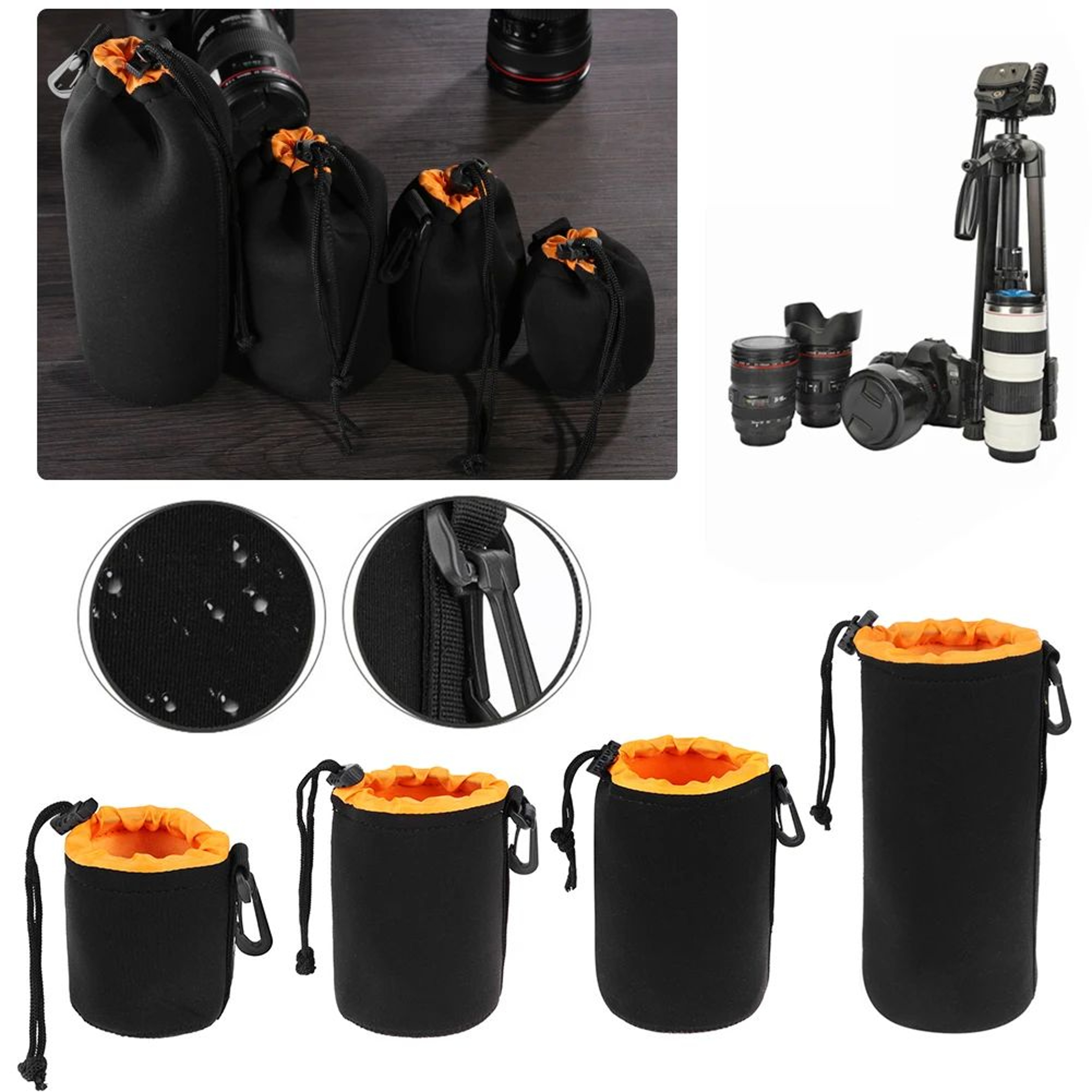 Waterproof Neoprene Camera Lens Pouch  Shockproof Soft Protective Case With Drawstring  Clip For DS 1