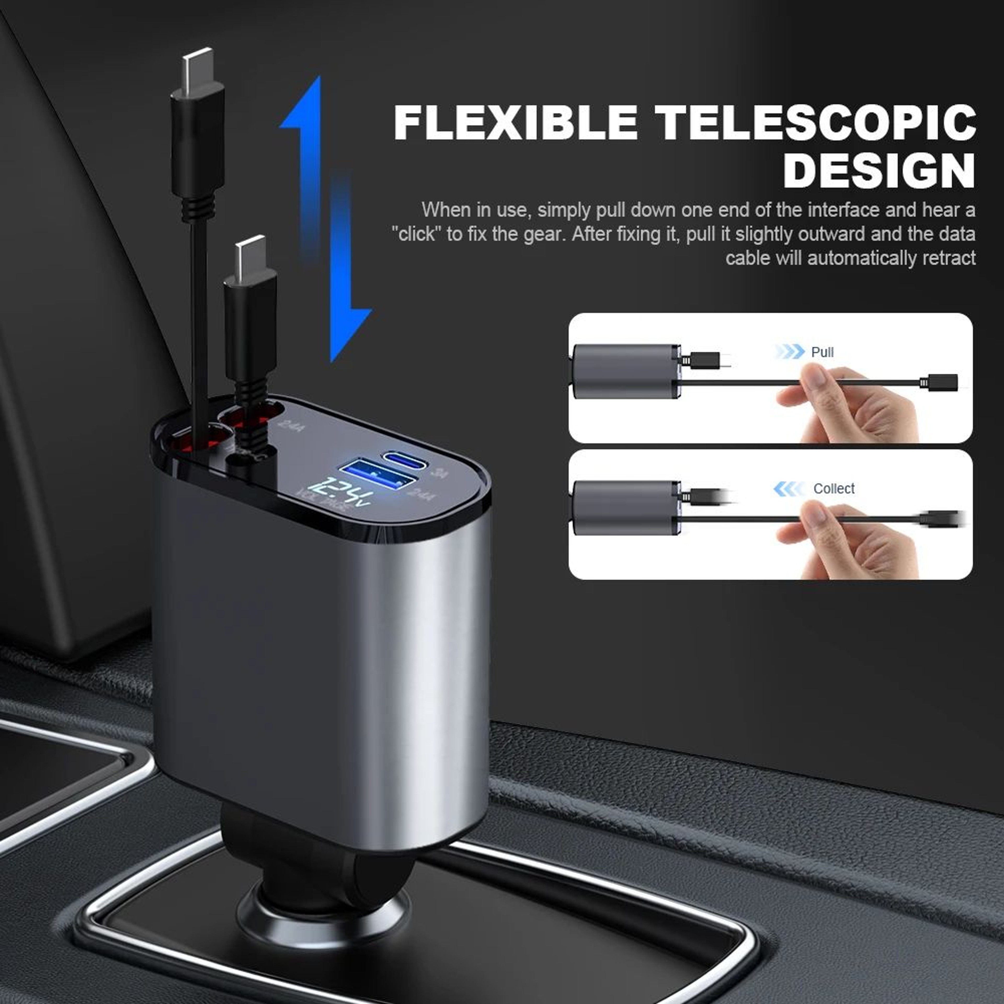 4in1 Retractable Car Charger  86W USBC  USB Fast Charging Adapter With 315 In Cables  Voltage Displ 0
