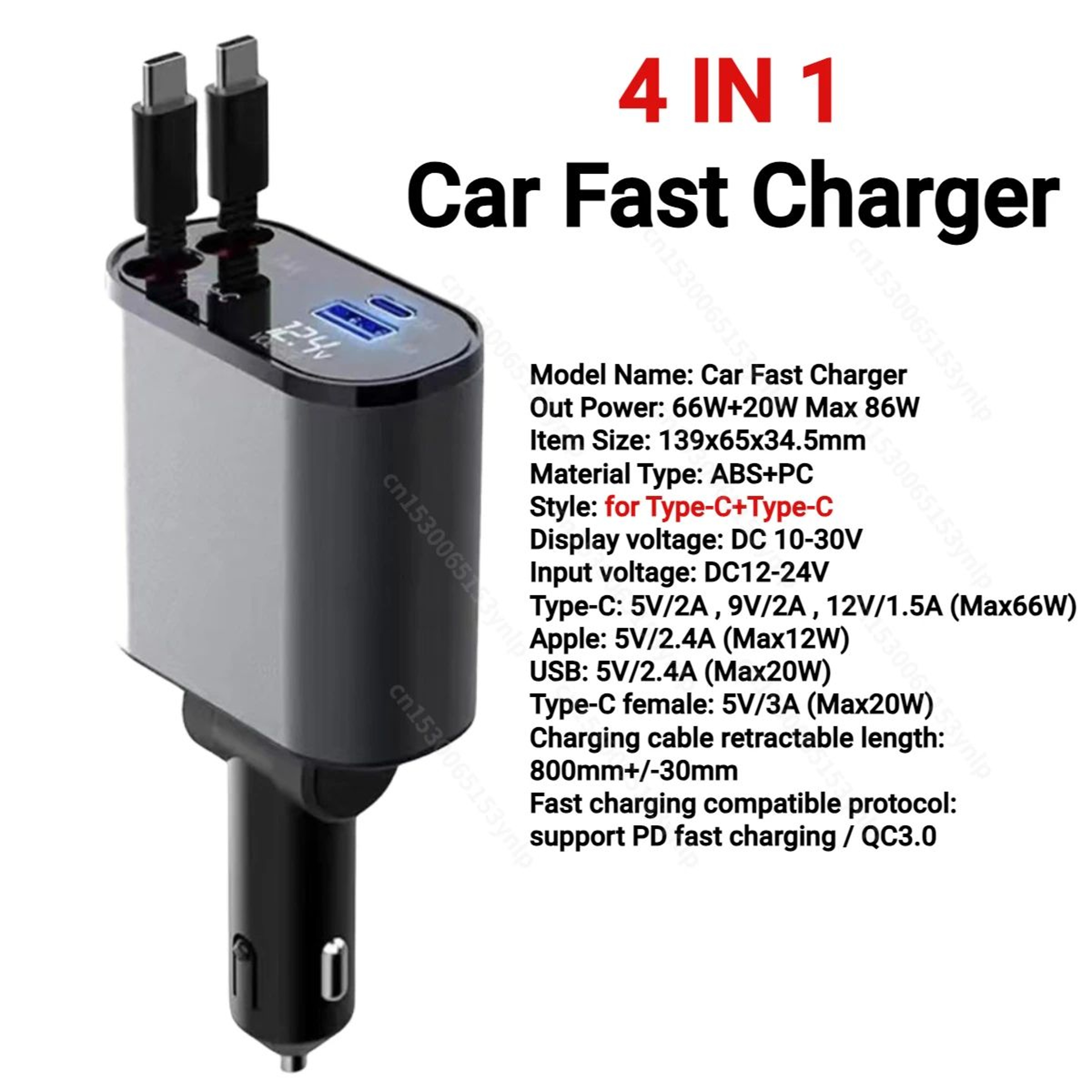 4in1 Retractable Car Charger  86W USBC  USB Fast Charging Adapter With 315 In Cables  Voltage Displ 6