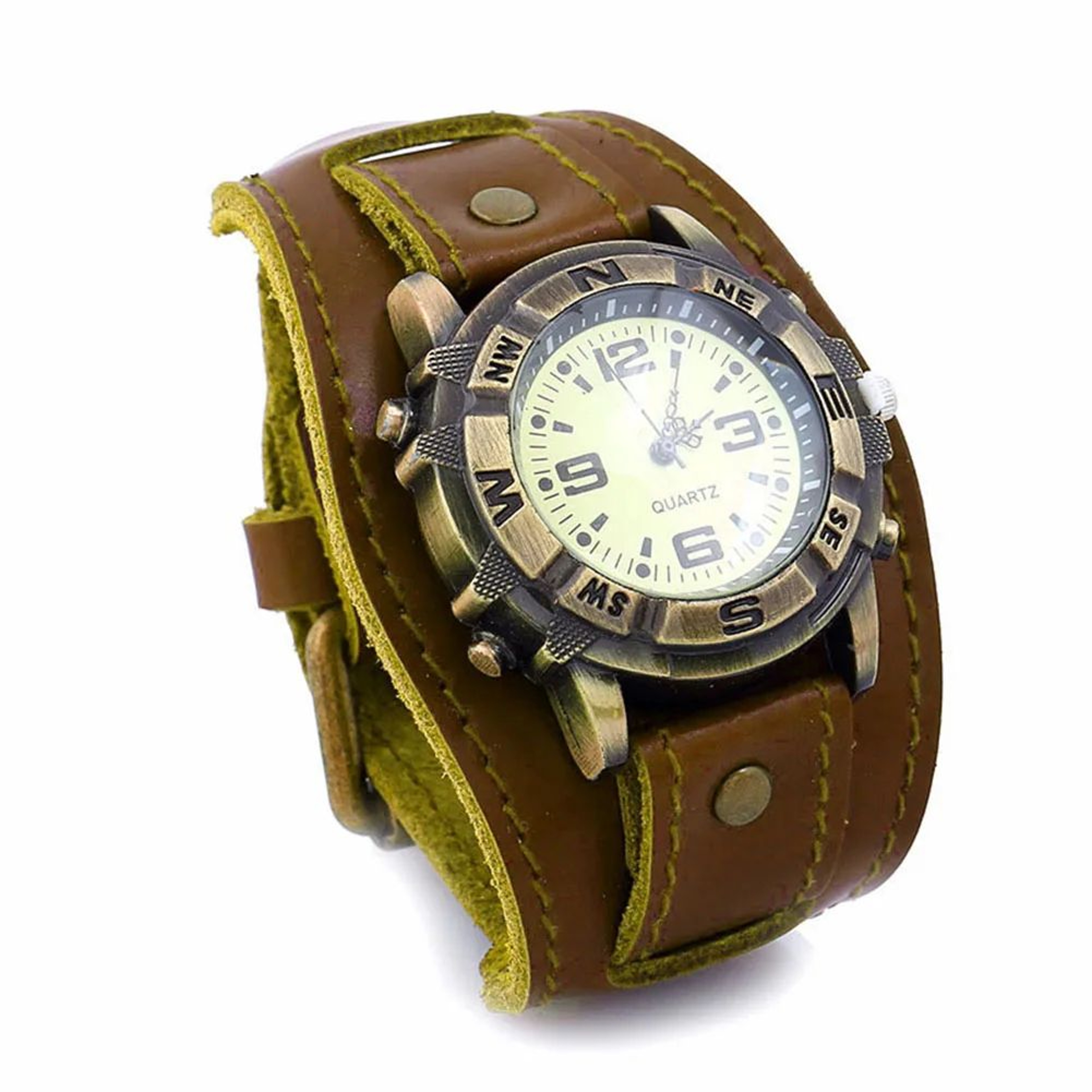 Men  Women Vintage Punk Bracelet Watch  Genuine Cow Leather Alloy Analog Wristwatch With Wide Band  5