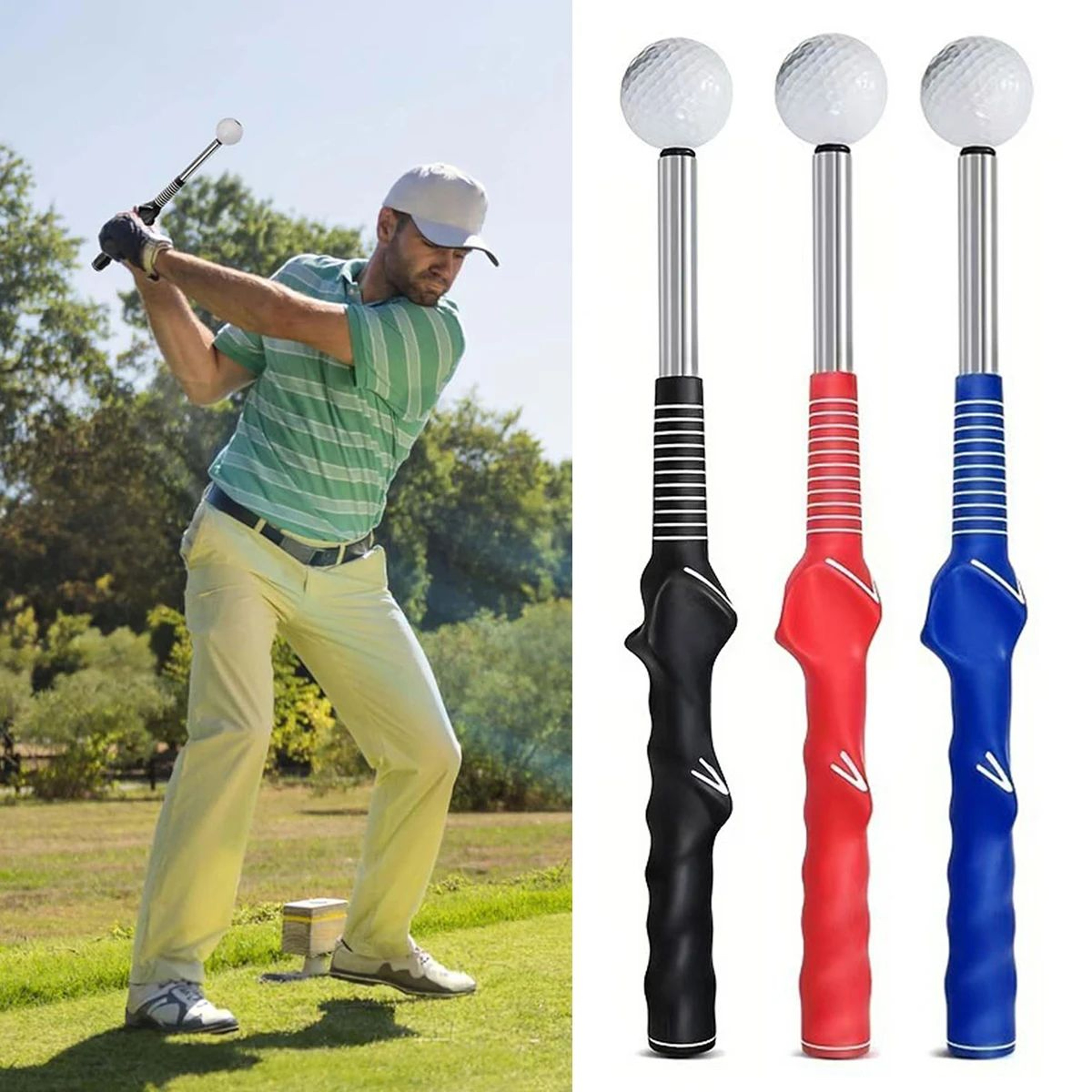 Retractable Golf Swing Trainer  Portable Grip Practice Aid With Click Feedback For Rhythm Stance  I 0