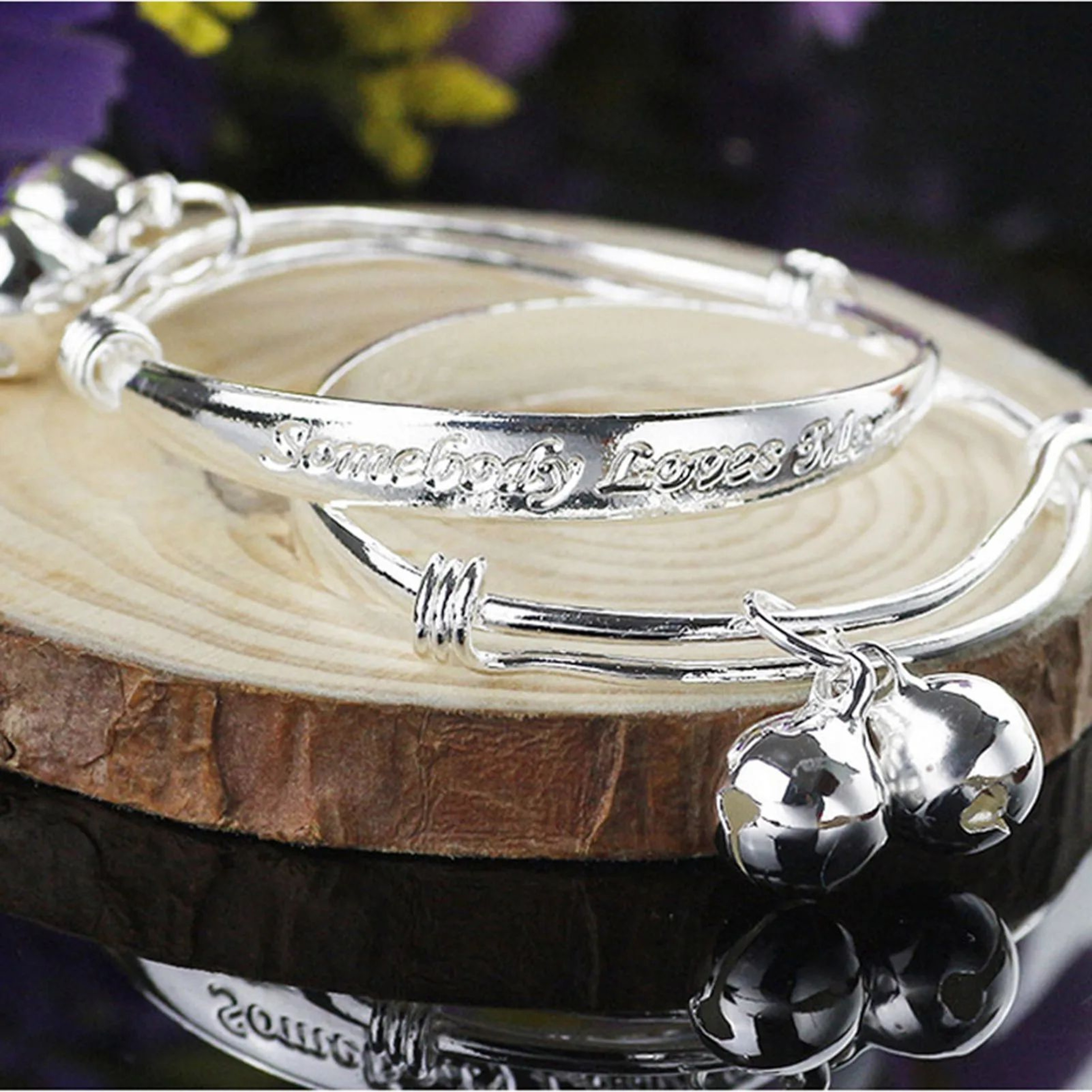 Kids SilverPlated Bangle Bracelets  2Piece Adjustable Somebody Loves Me Jewelry Set For Sentimental 1