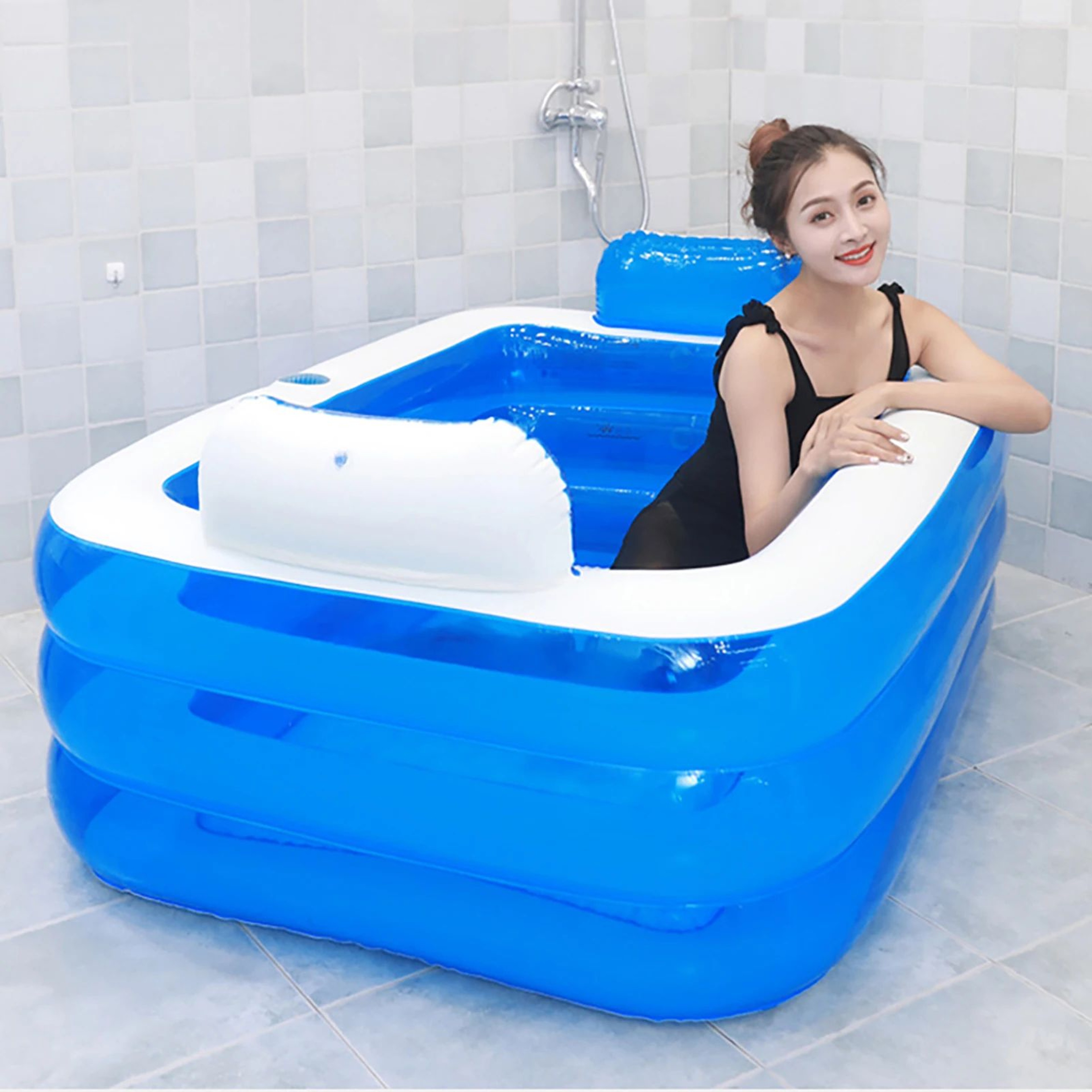 Foldable Double Bathtub  ThreeLayer PVC Portable Tub With Dual Pillows And Cup Holder For Comfortab 2