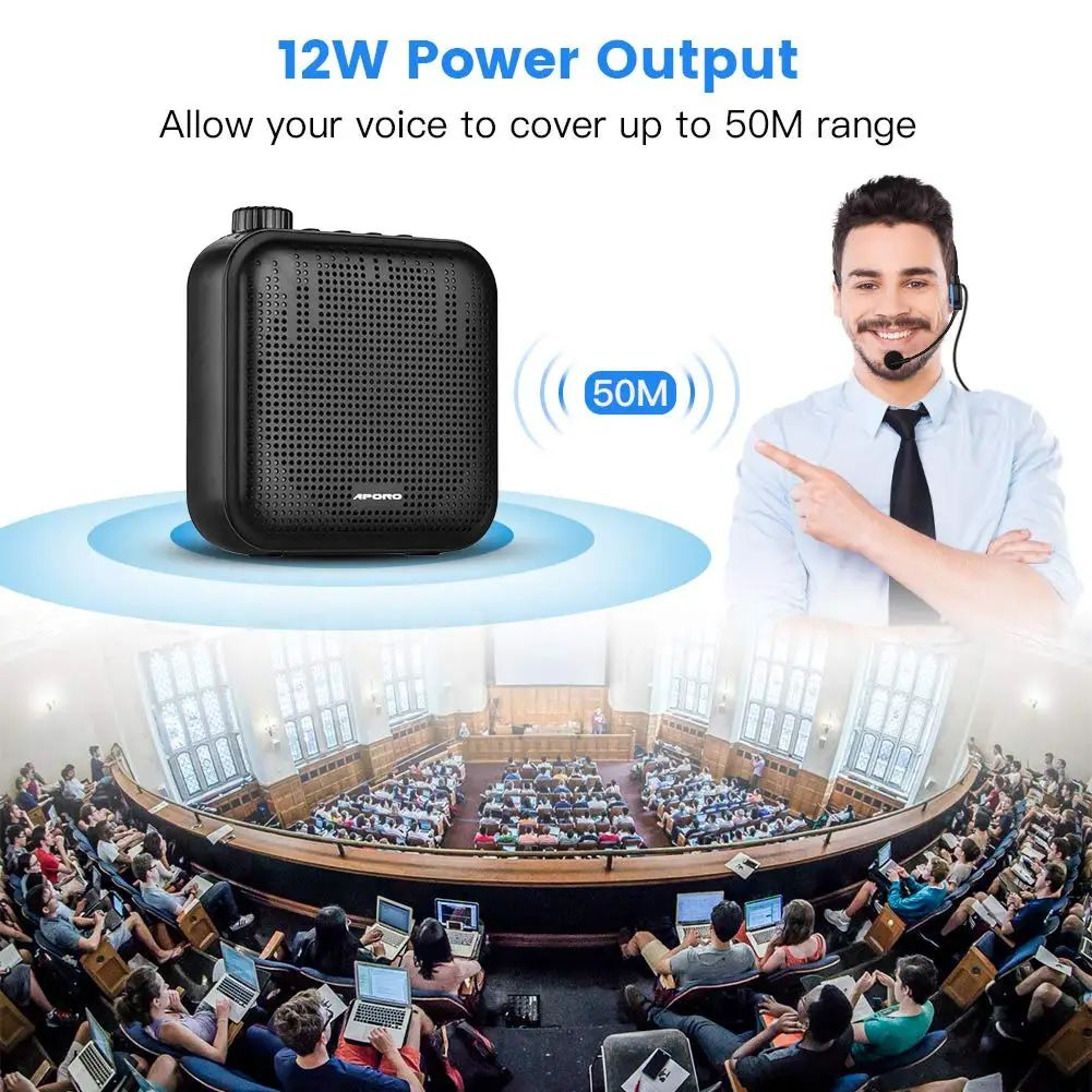 Portable Voice Amplifier  12 W Personal Speaker With Wired Headset Music Playback And Waistband For 3