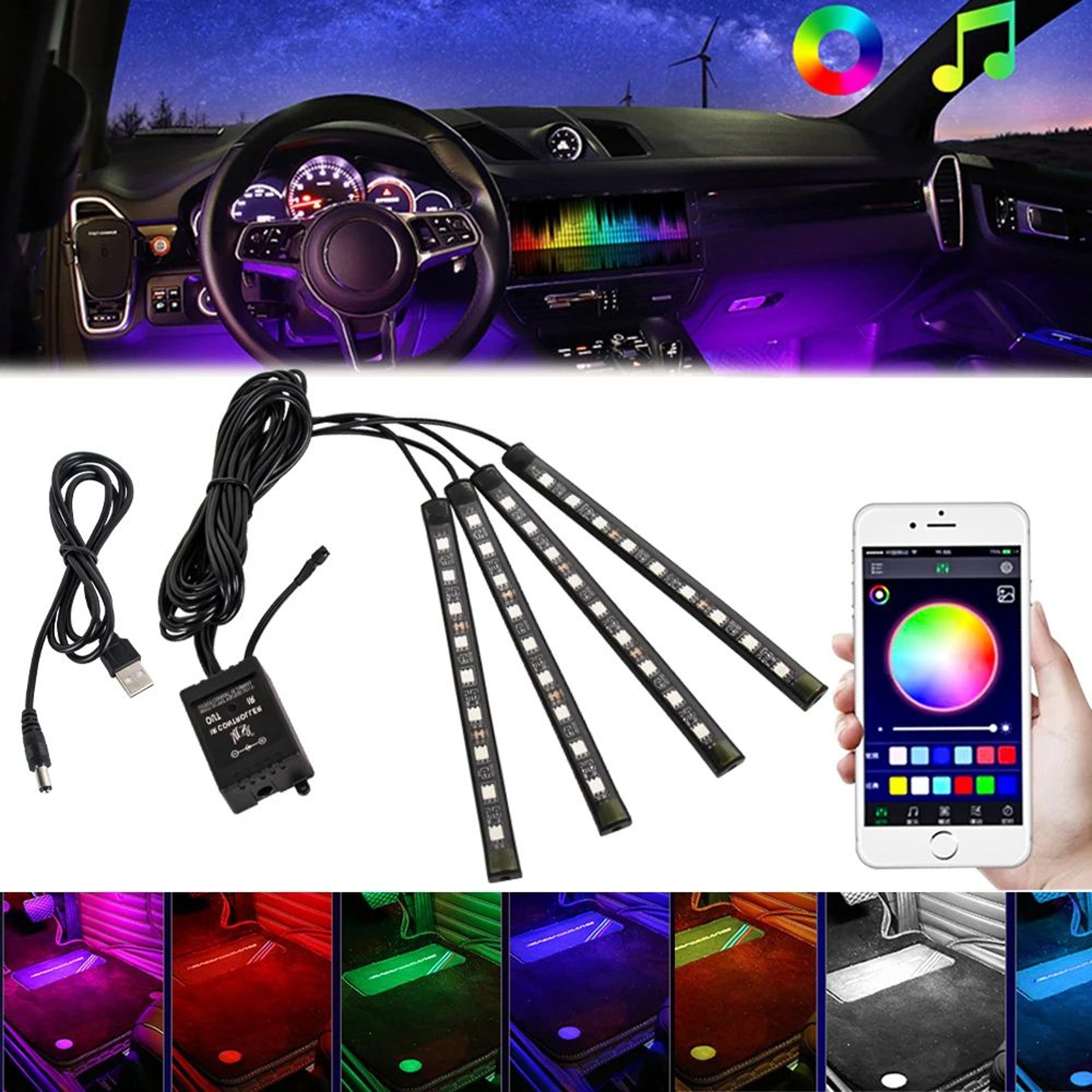 Car RGB Interior Lights  LED Footwell Strips With Music Mode Brightness Control  USB Or 12V Plug Fo 0