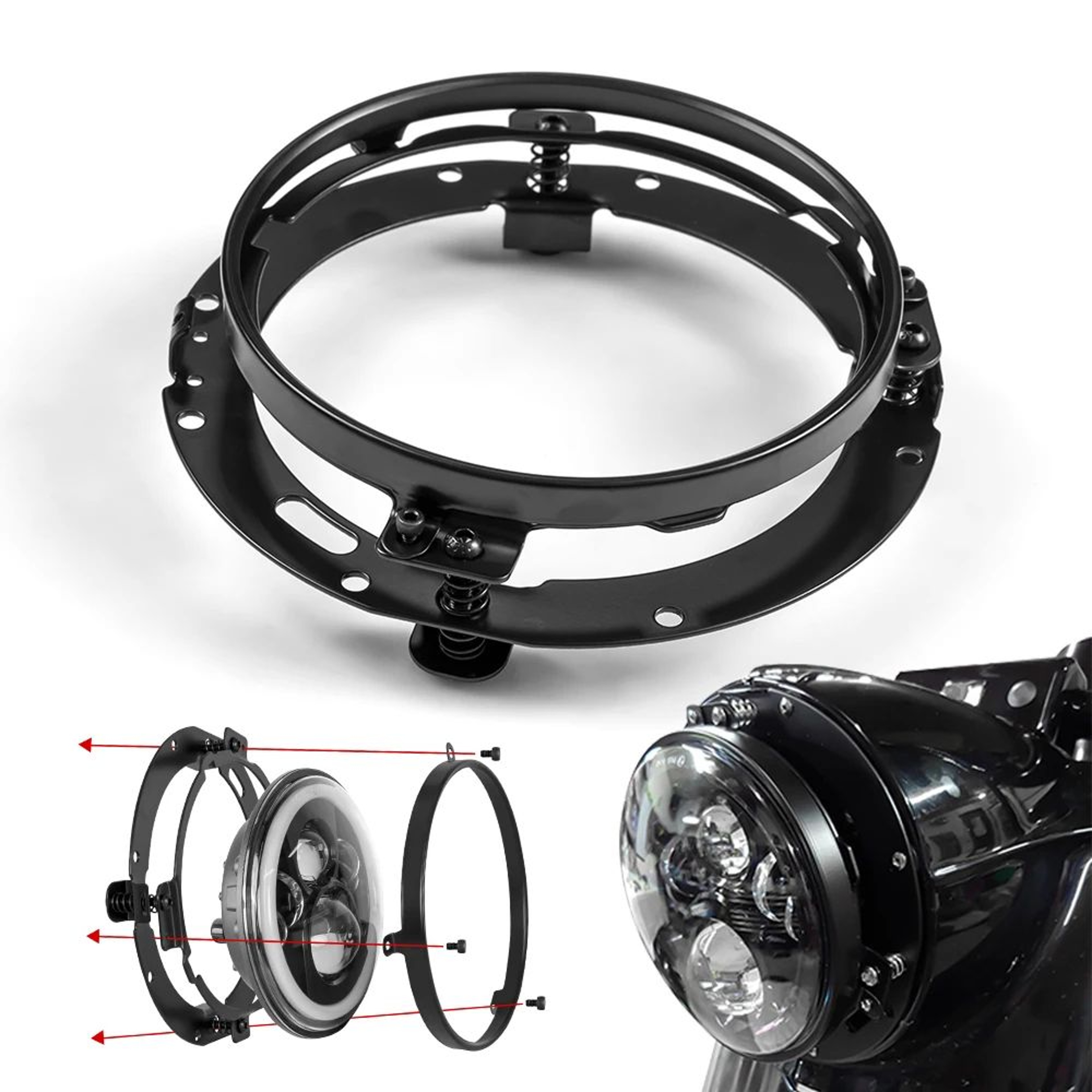 7 In LED Headlight Mounting Ring  Secure Headlamp Bracket In Black Or Chrome For Compatible Motorcy 5