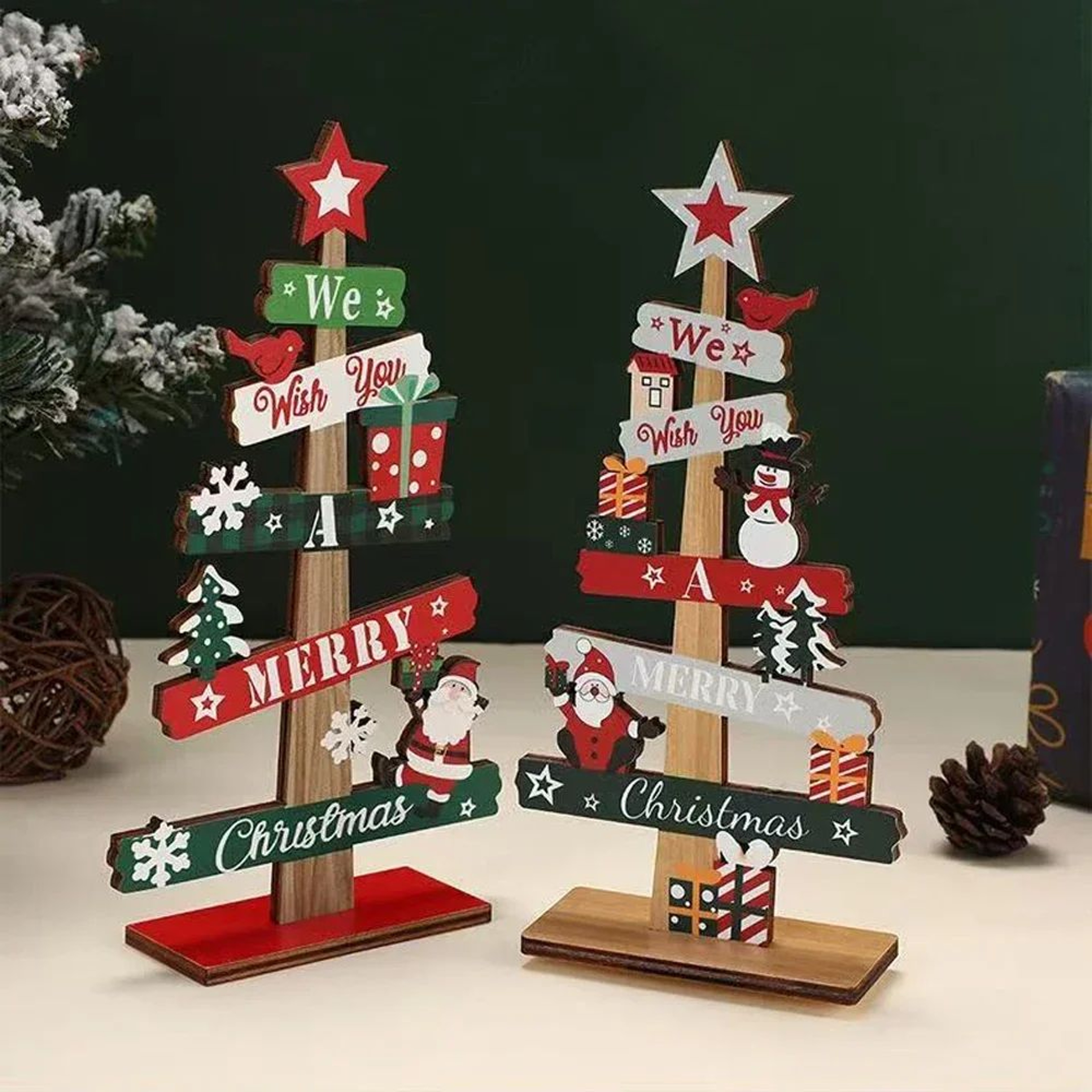 Wooden Christmas Tabletop Ornament  Santa Claus  Snowman Design For Festive Home Displays TreeTheme 1