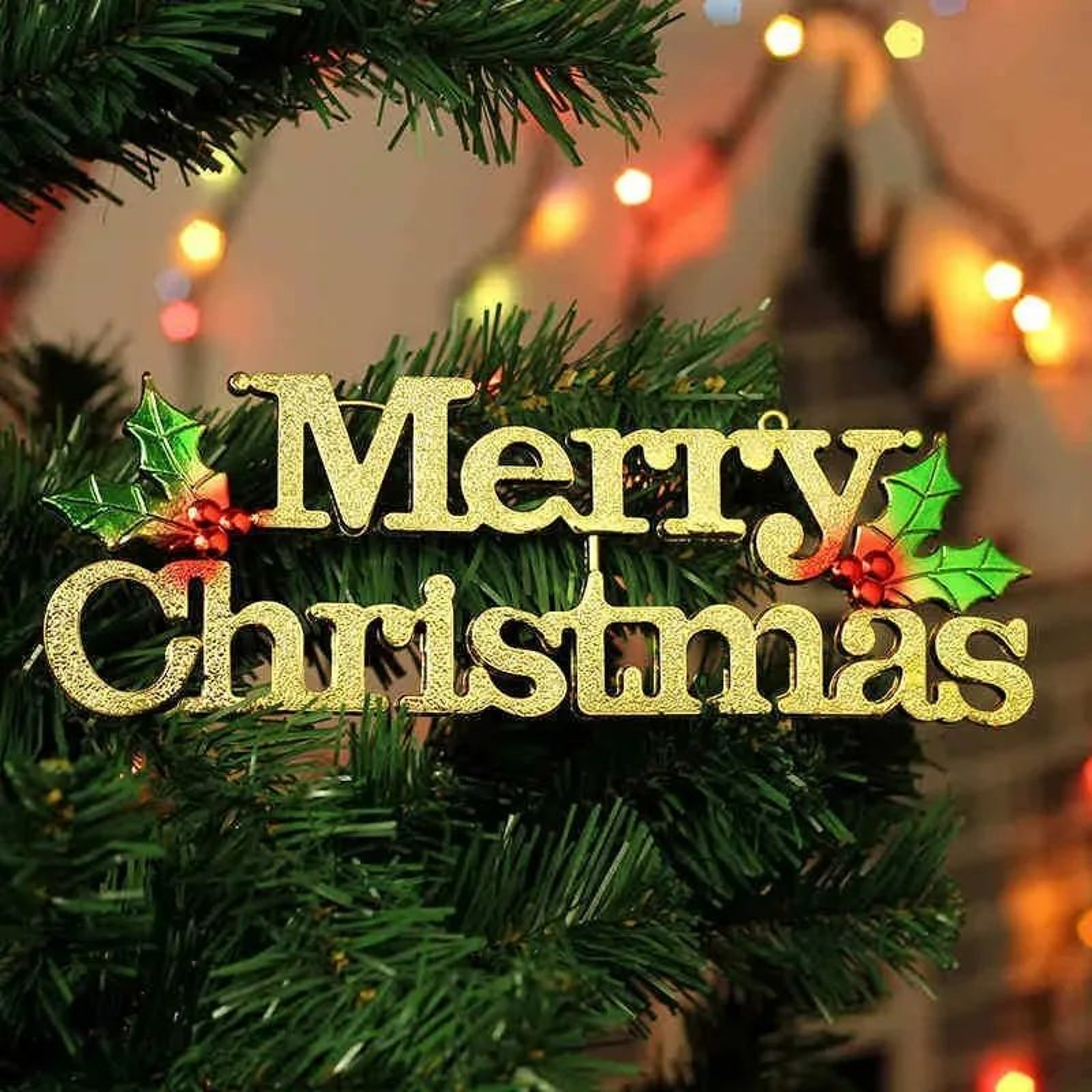 Merry Christmas Letter Sign  Golden Holiday Greeting With Red Berries  Green Leaves For Festive Hom 0