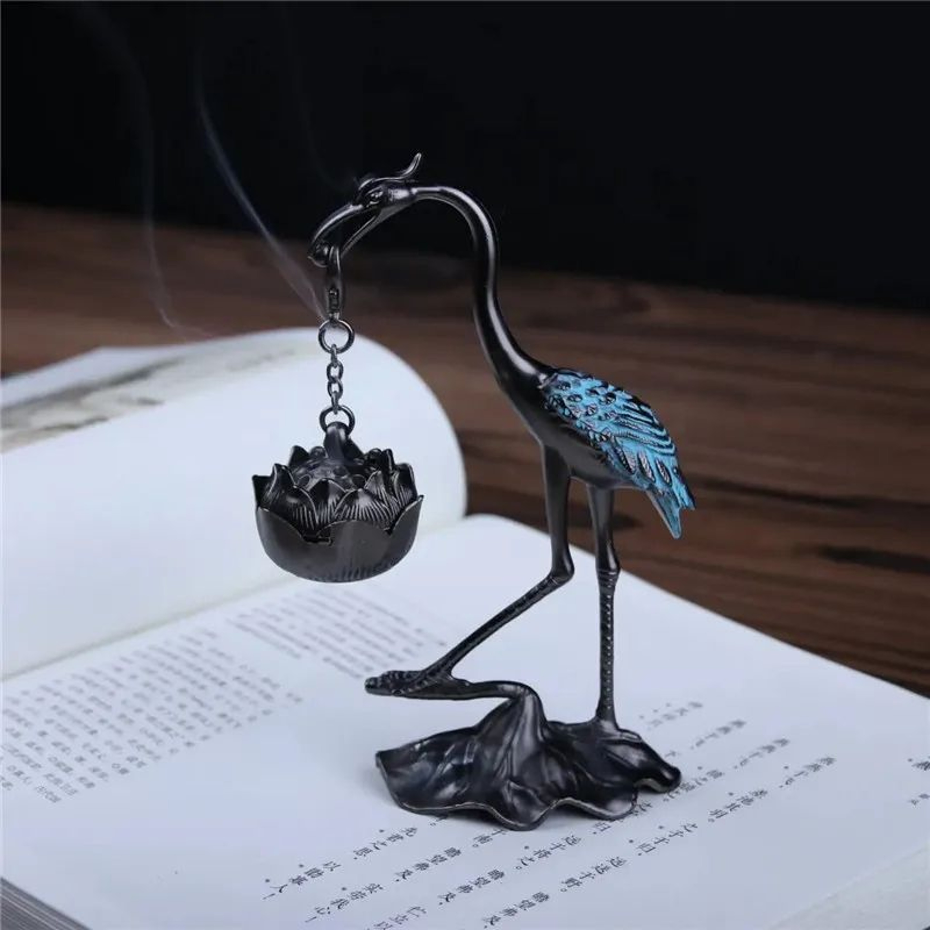 Crane Lotus Incense Burner  AntiqueStyle Alloy Hanging Holder For Coils  Cones Tea Ceremony Decor   6