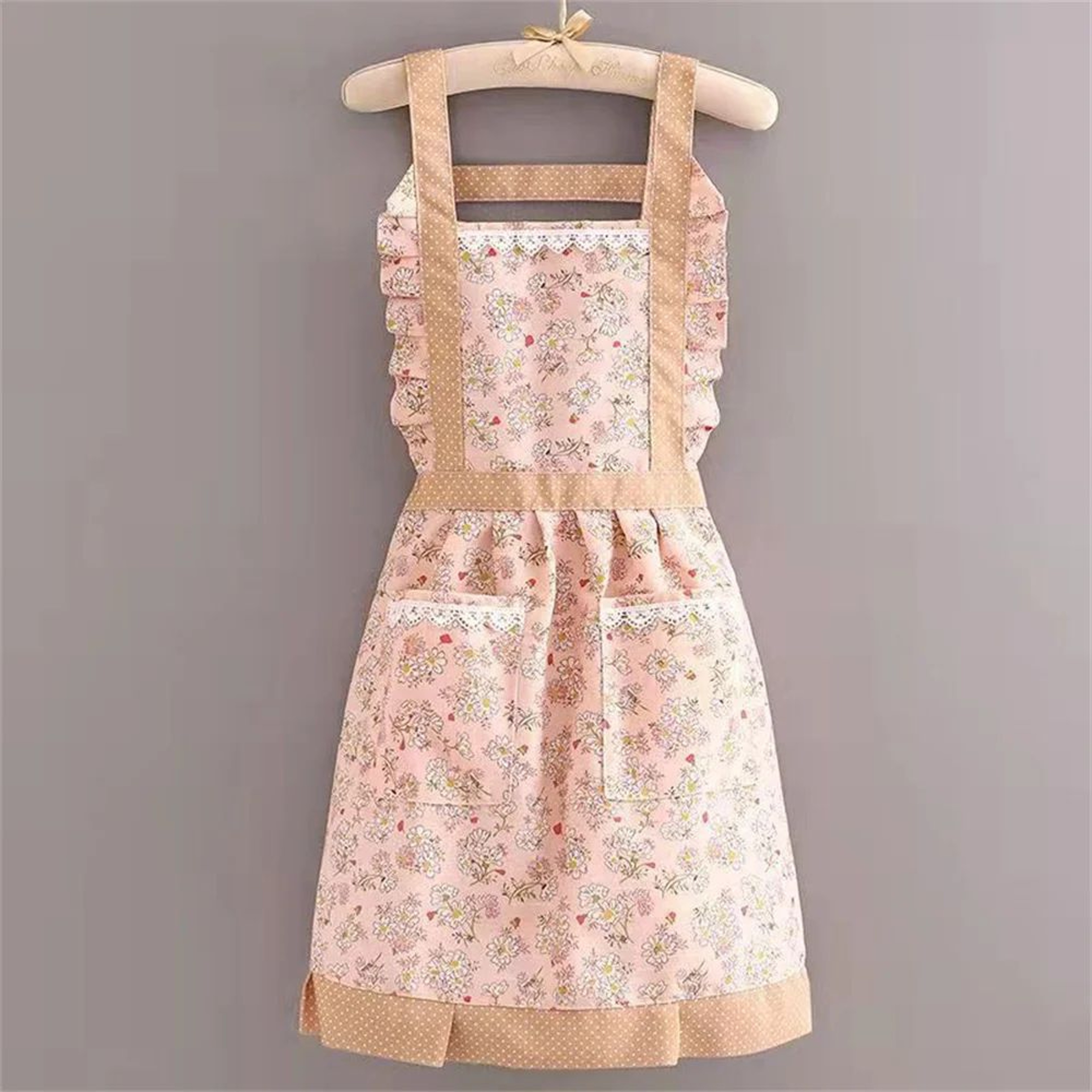 Japanese Style Apron  Soft Polyester Lace Kitchen Dress With Adjustable Straps  Pocket For Baking H 2