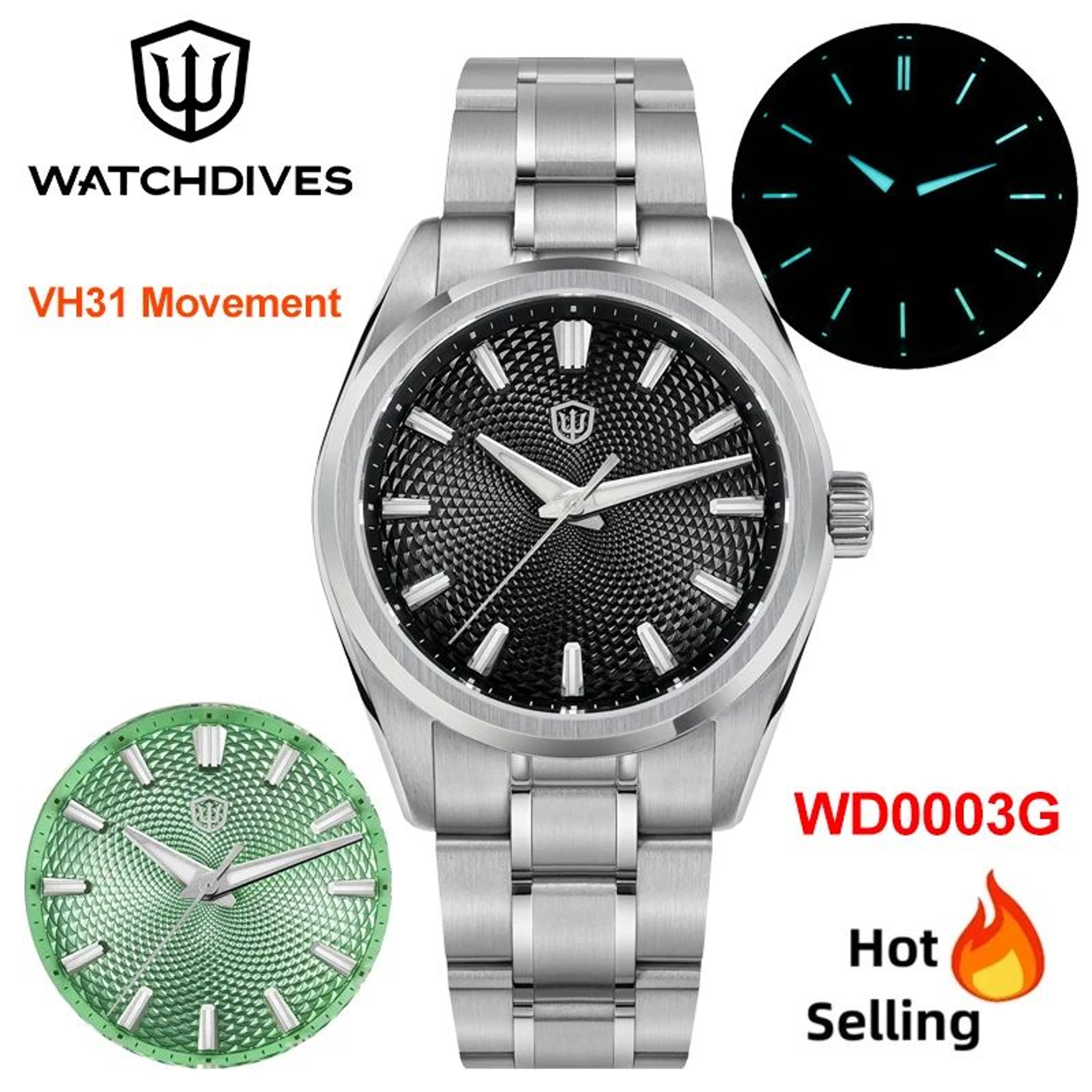 Mens Quartz Watch  VH31 Sweep Seconds Guilloche Dial And Sapphire Crystal With Blue Lume And 328ft  0
