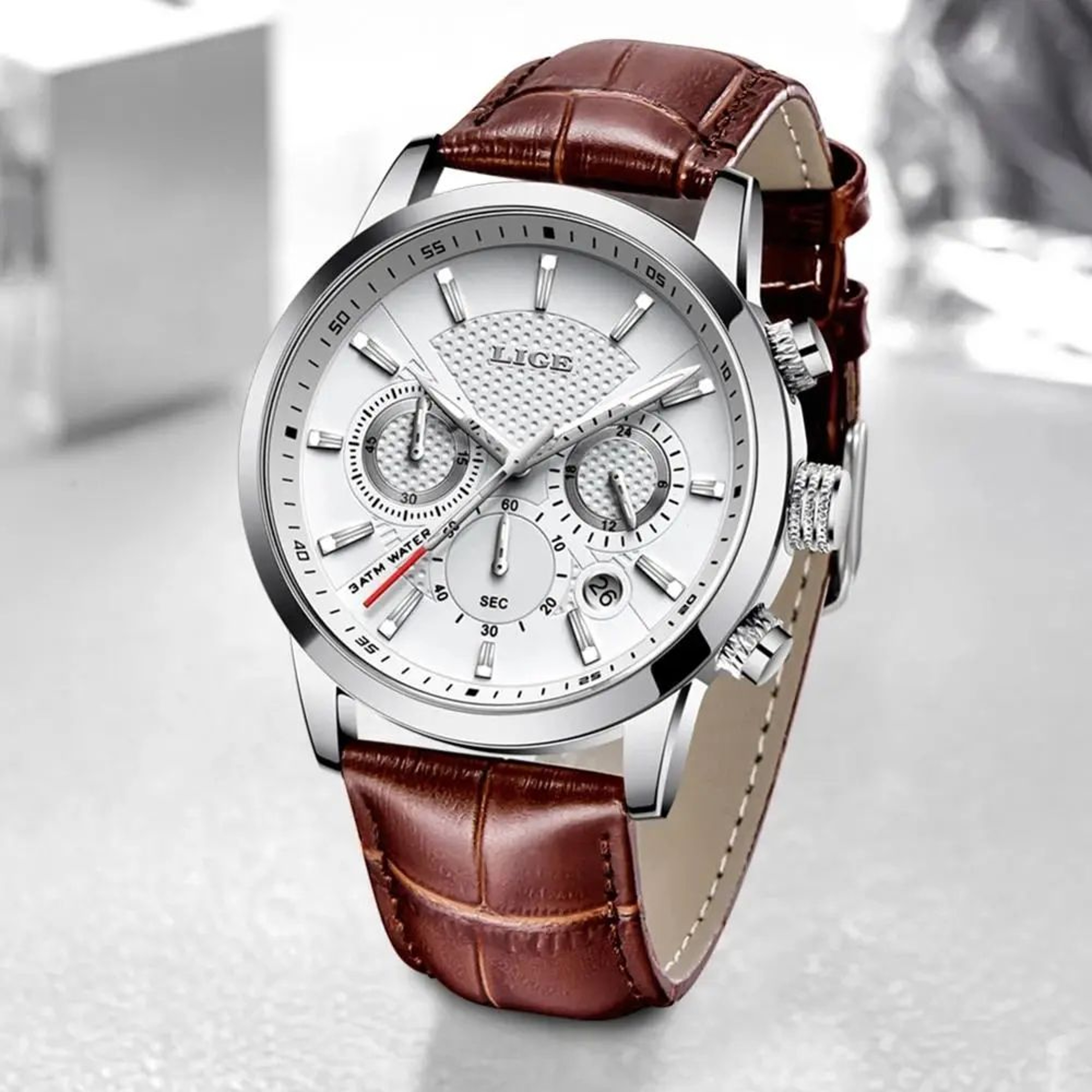 Mens Quartz Chronograph Watch  Leather Strap Steel Case  Date Display With Luminous Hands For Work  0