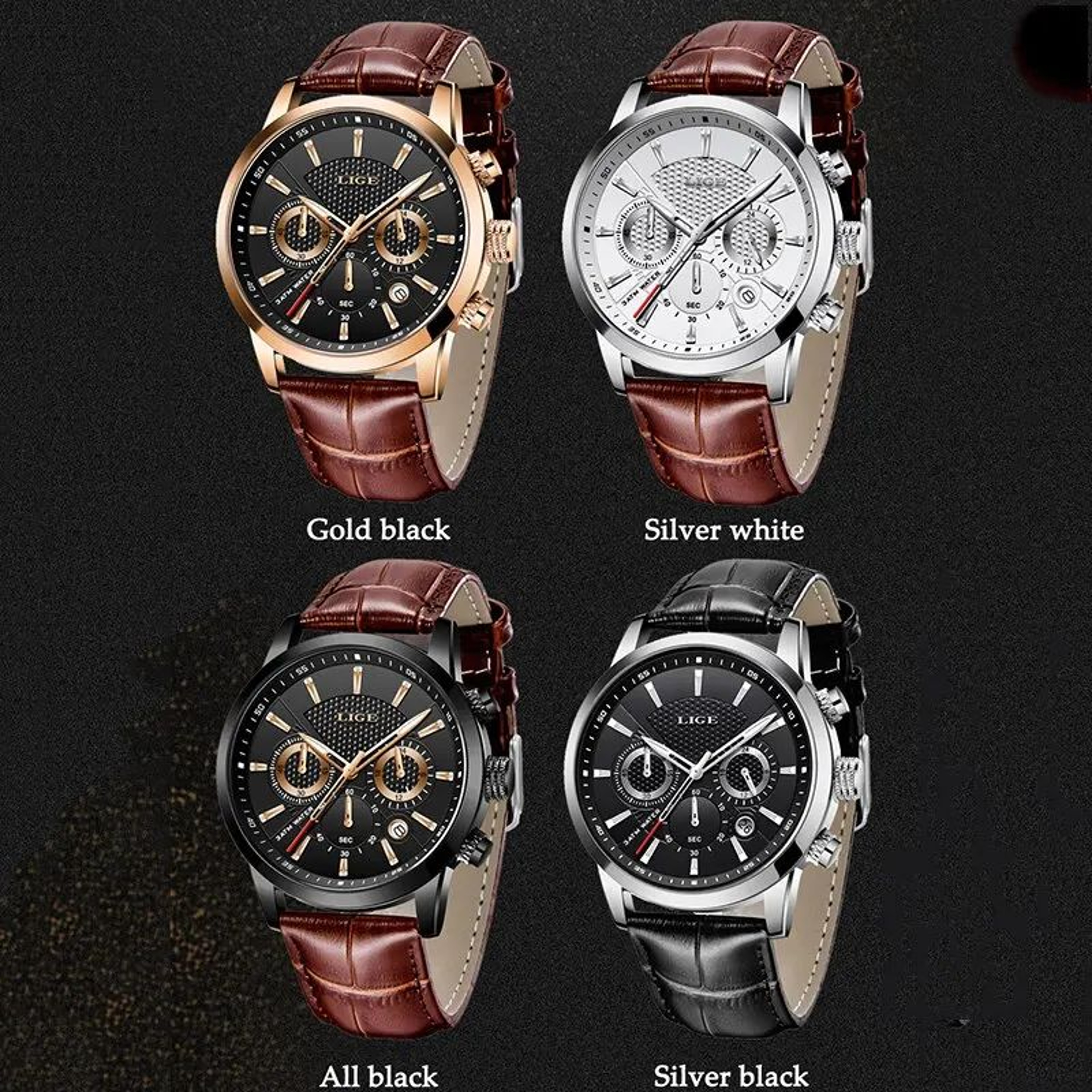 Mens Quartz Chronograph Watch  Leather Strap Steel Case  Date Display With Luminous Hands For Work  5