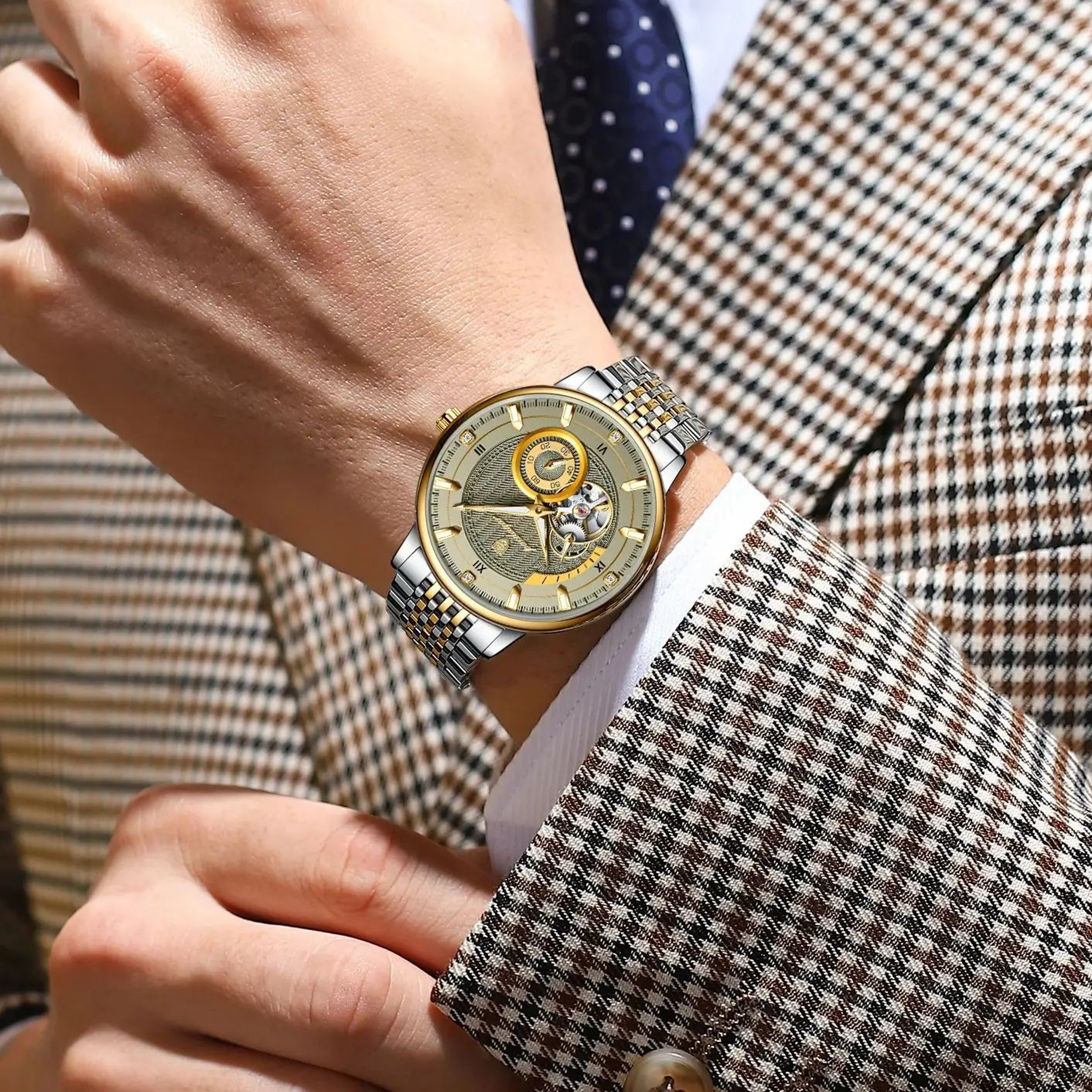 Mens Automatic Mechanical Watch  Openwork Dial Luminous Details  Stainless Steel Styling With Gift  4