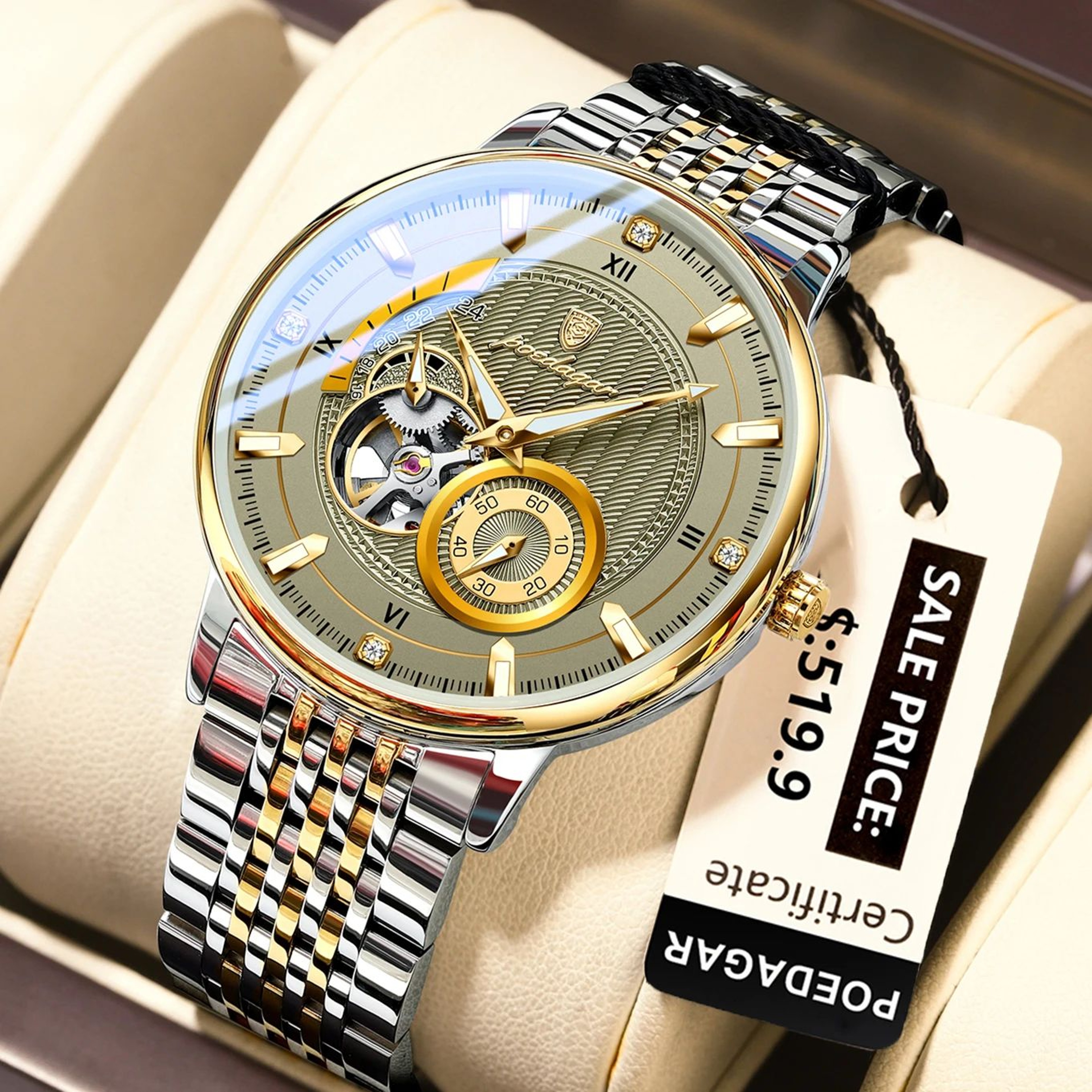 Mens Automatic Mechanical Watch  Openwork Dial Luminous Details  Stainless Steel Styling With Gift  6