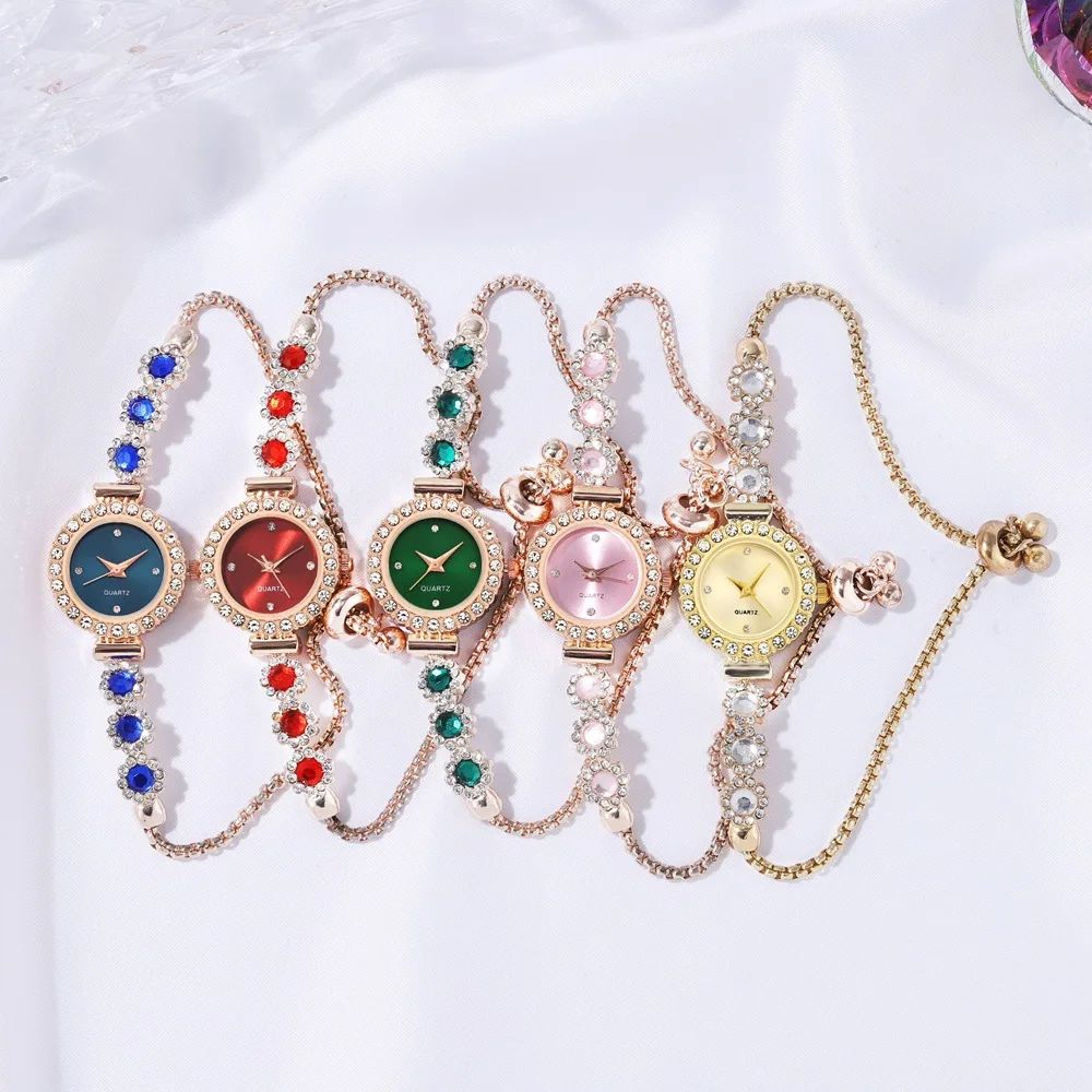 Womens Quartz Bracelet Watch  Colorful Imitation Gemstone Style With Pullable Band For Daily Fashio 5