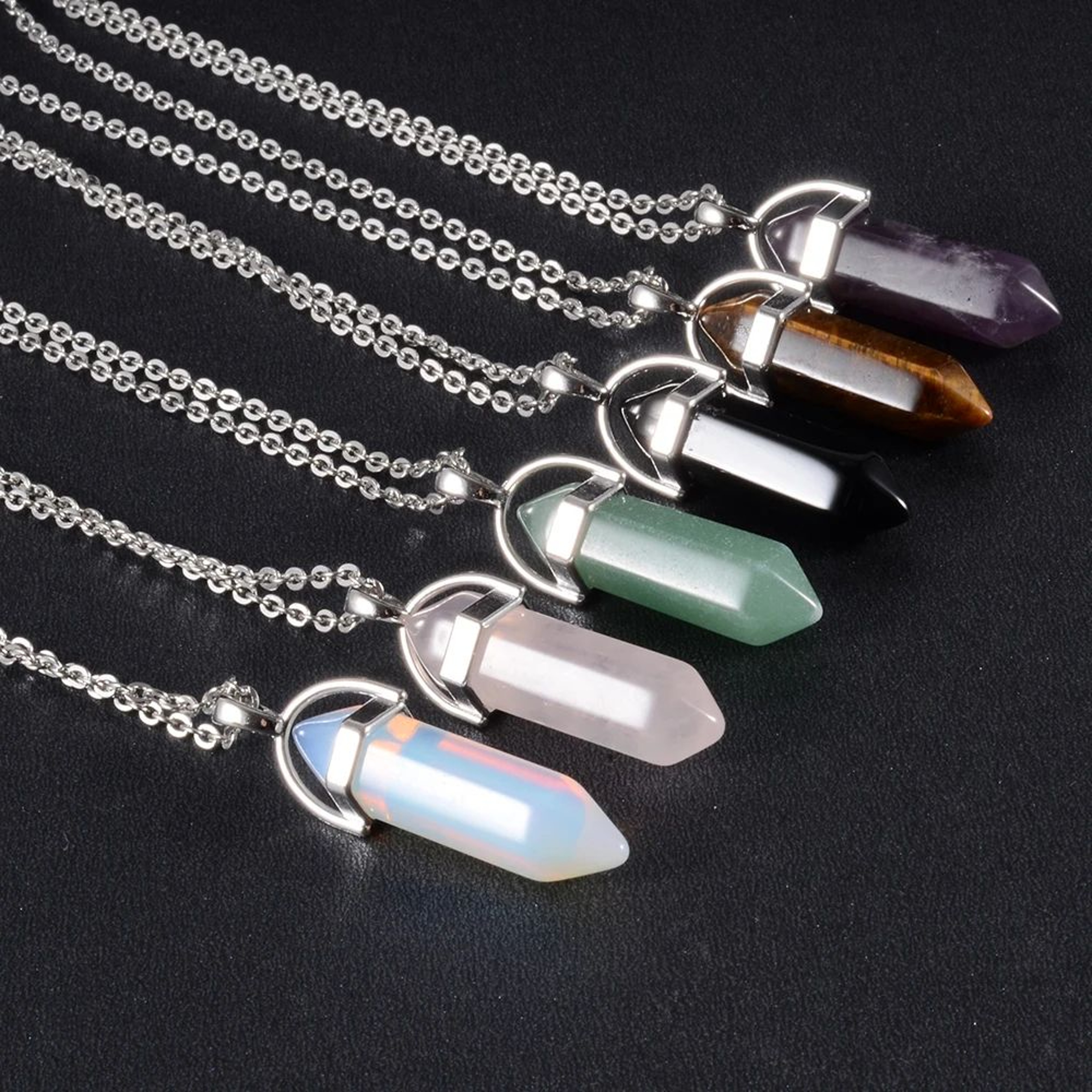 Crystal Point Pendant Necklace  Hexagonal Quartz Or Obsidian With Stainless Steel For Chakra Style