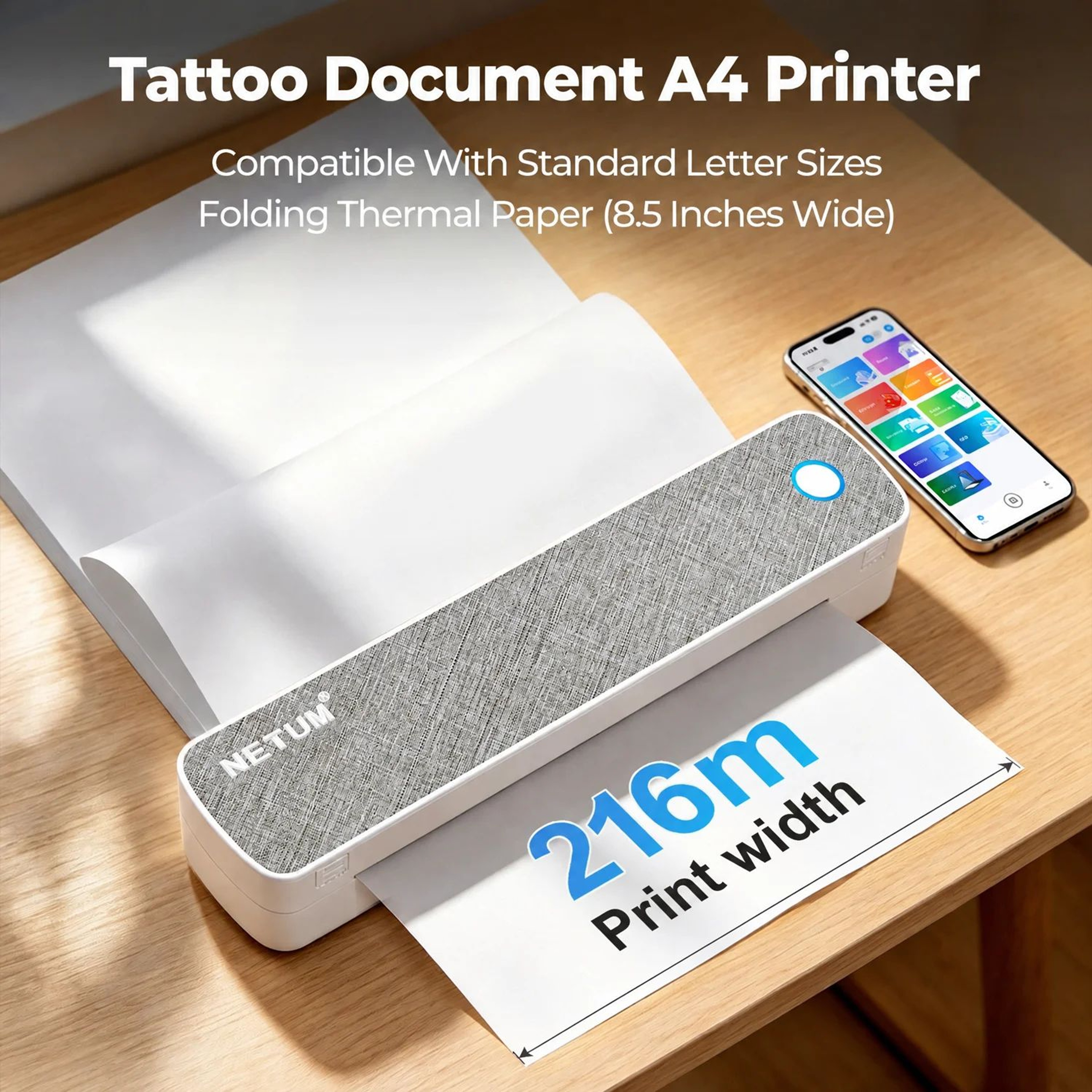Portable A4 Thermal Printer  Rechargeable Bluetooth  USB Inkless Printing For Phones  Laptops Home  0
