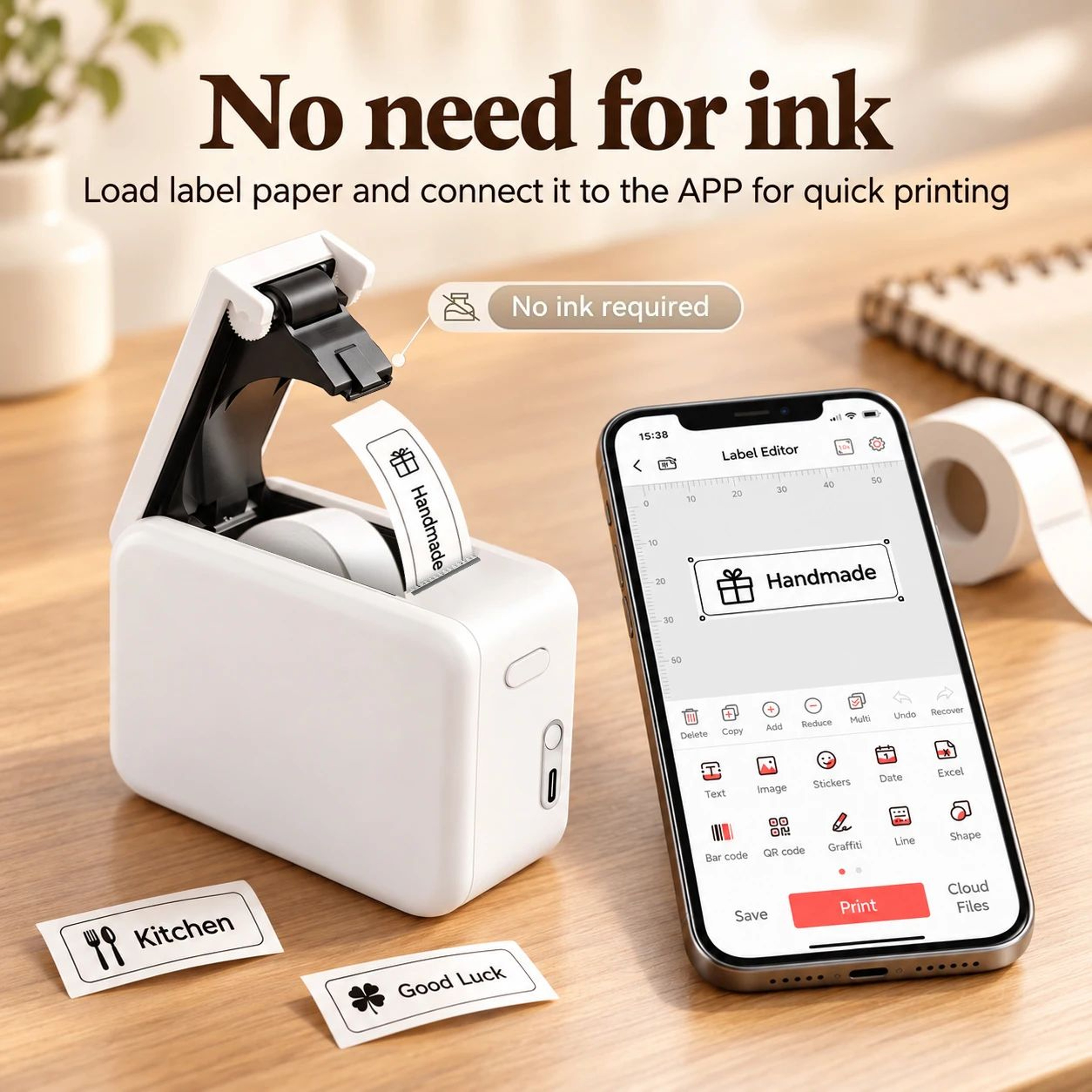 Portable Label Printer  P15 Bluetooth Inkless Sticker Maker For Home Storage Flower Shop Price Tags 13