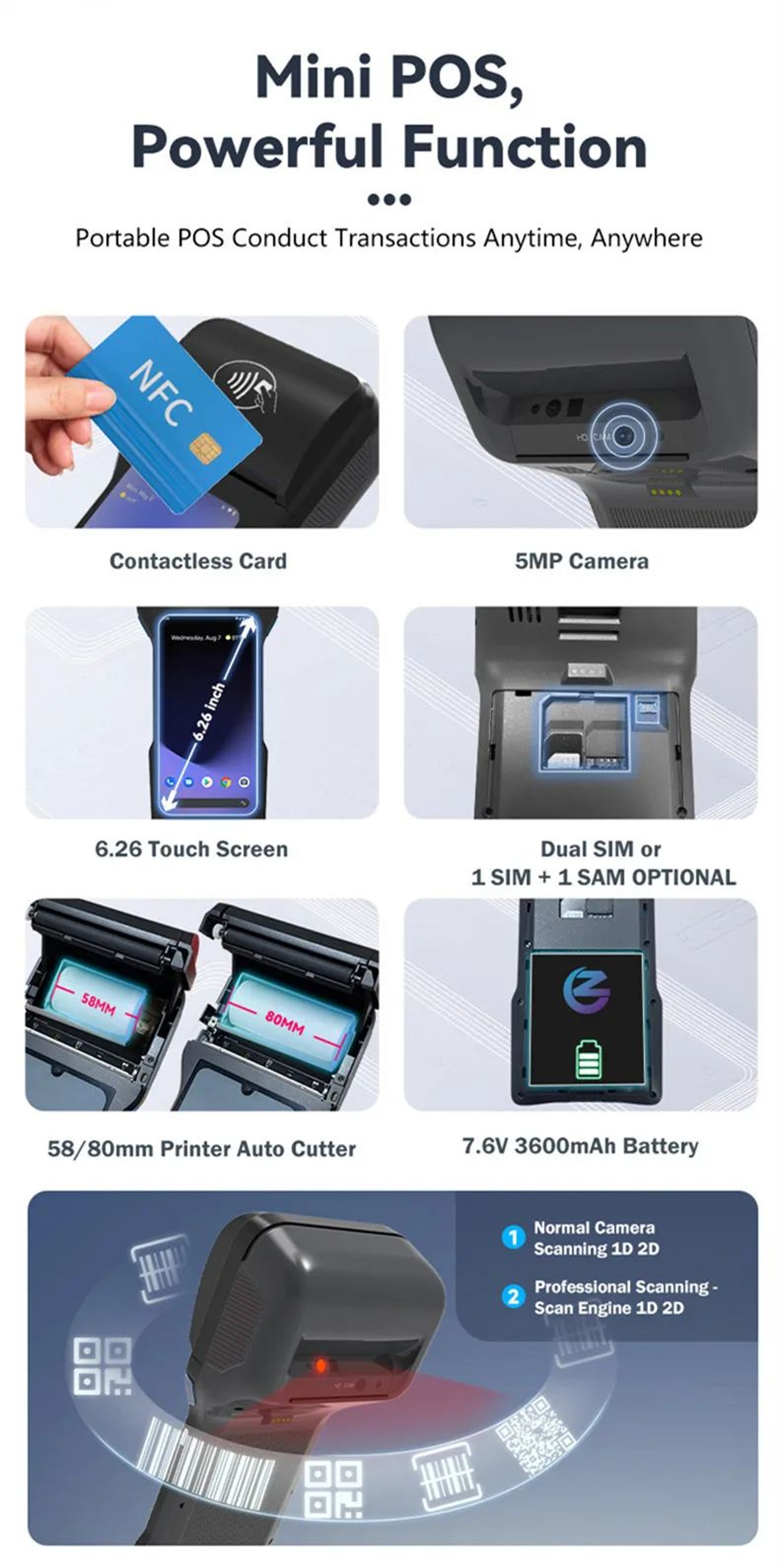 Portable POS Terminal  Android 14 Mobile Cash Register With 626 Screen NFC Scanner  315 Thermal Rec 8