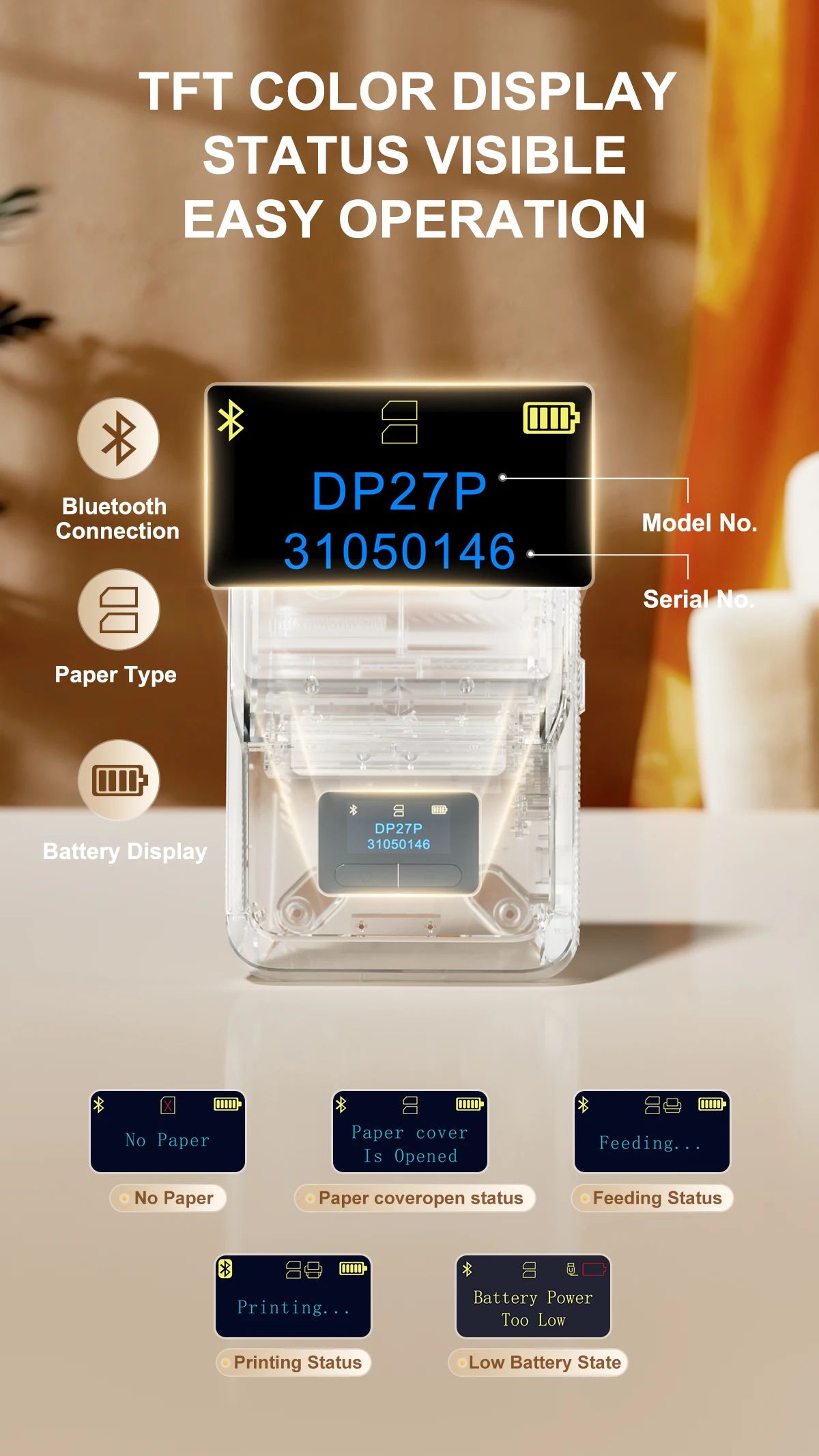Label Printer  DP27P 300 DPI Bluetooth Inkless Sticker Maker With 2 In TFT Display For Jewelry Cabl