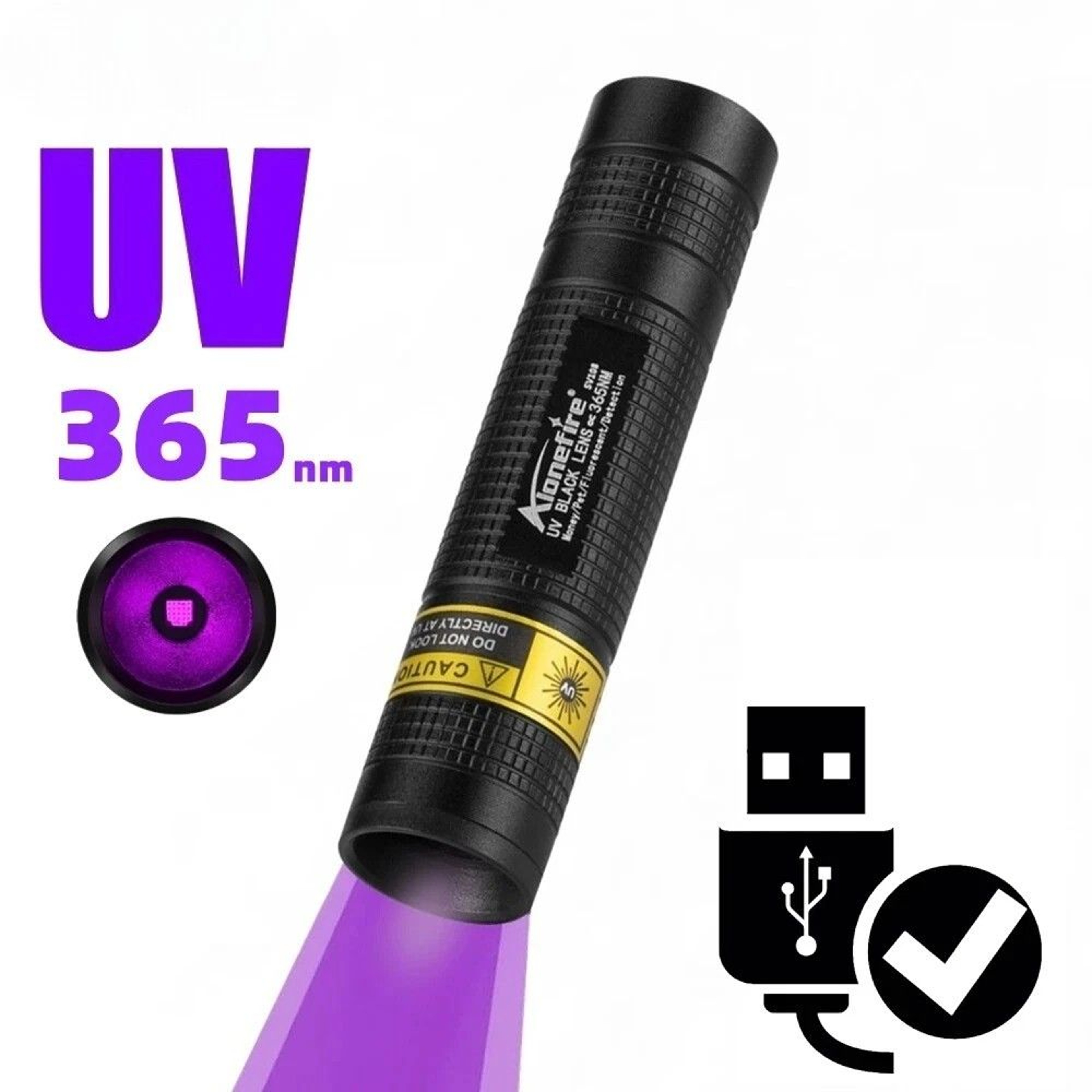 365nm Mini UV Blacklight Flashlight  USB Rechargeable  Detect Pet Stains Scorpions Money Marks Mine