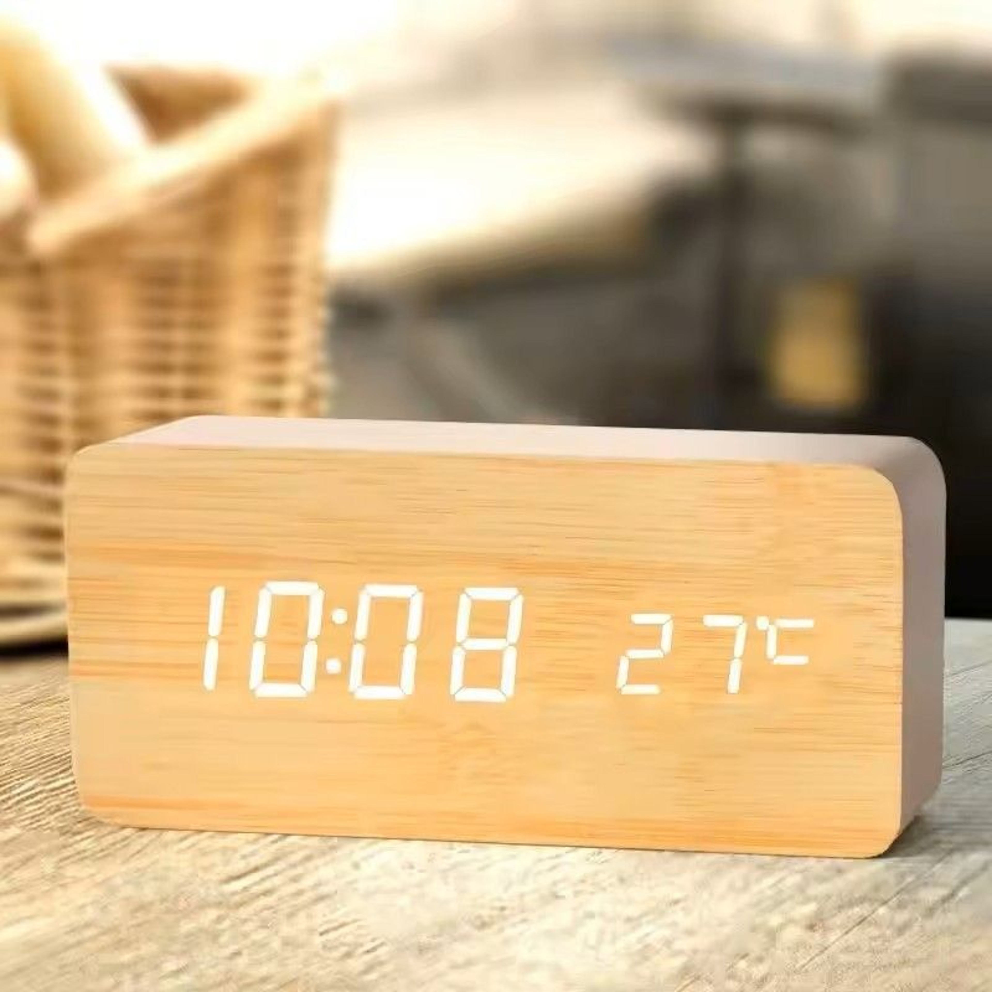 Wooden LED Digital Alarm Clock With Temperature Display  Desk  Bedside Clock For Home  Office 0