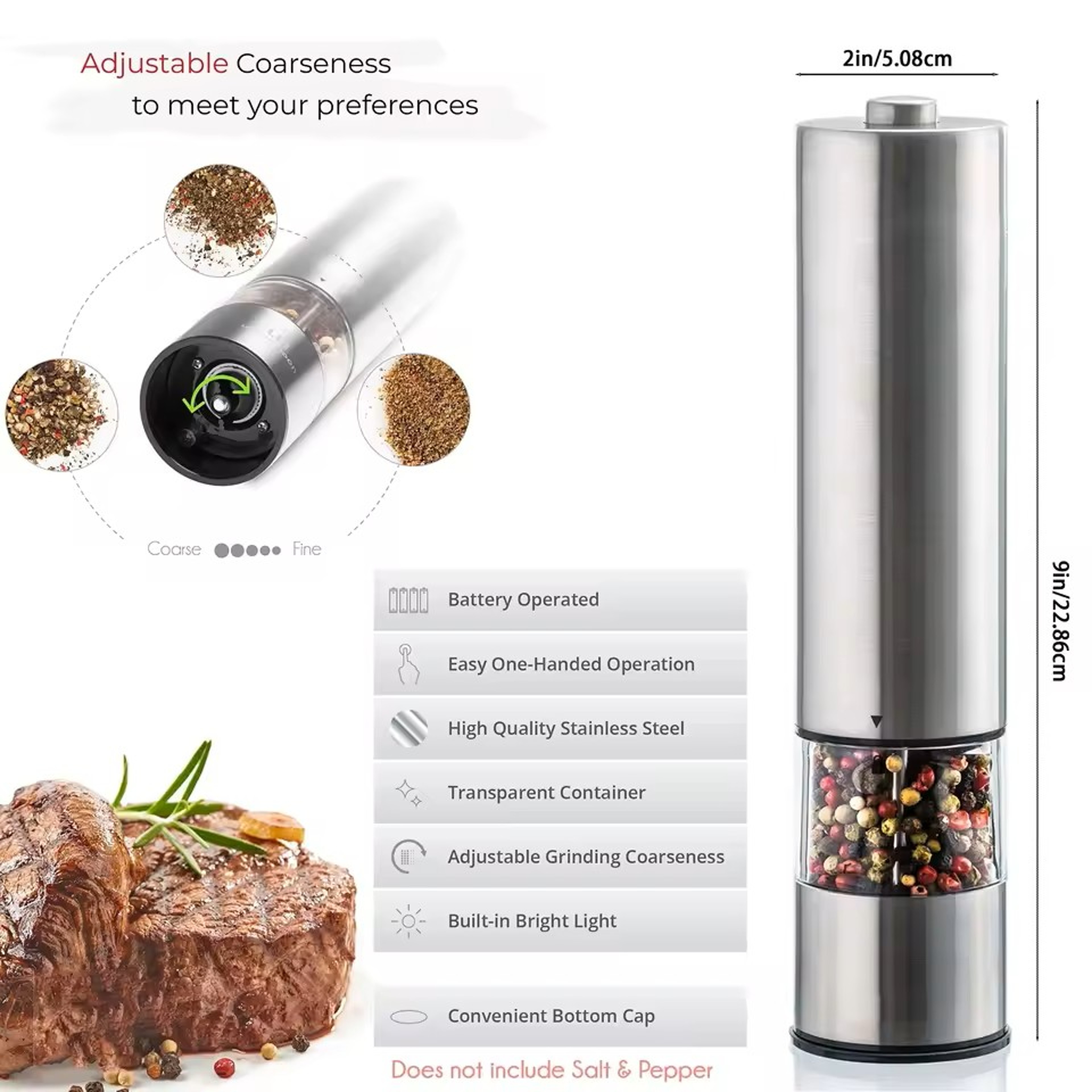 Electric Salt and Pepper Grinder Set One Handed Stainless Steel – view 14