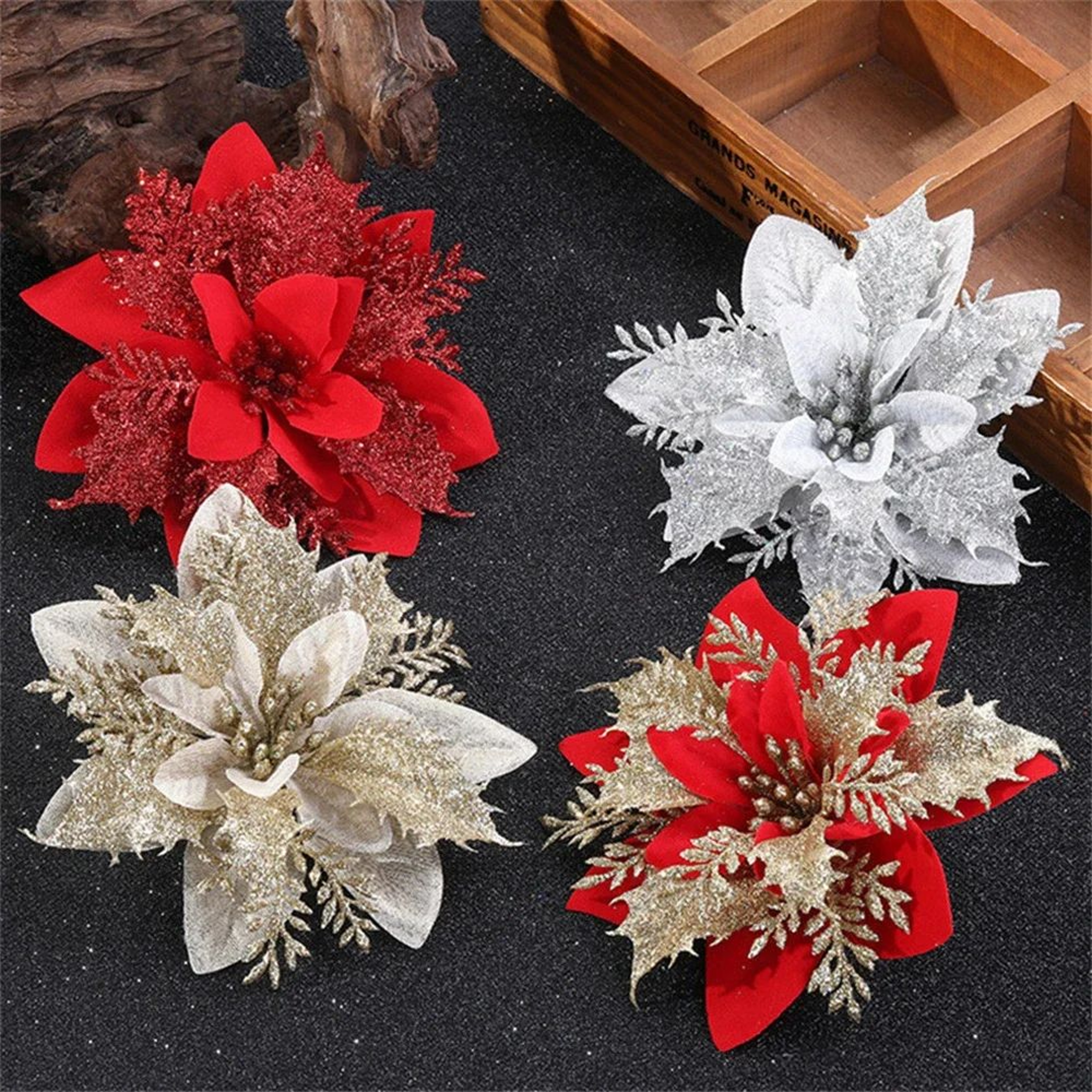 14cm Glitter Artificial Christmas Flowers With Clips  Tree Ornaments  Holiday Decorations 0