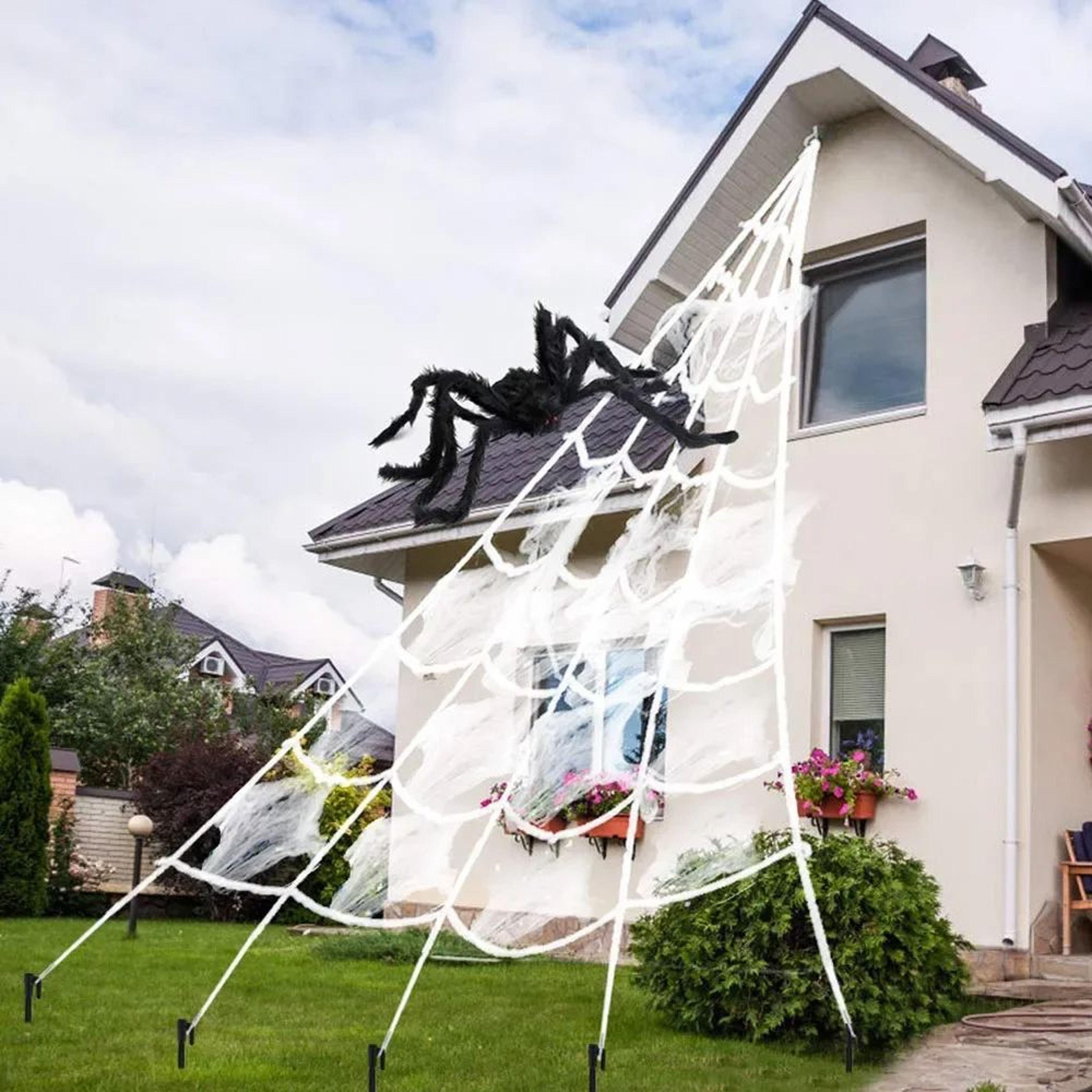 Extra Large Halloween Triangle Spider Web  5M7M Elastic Simulated Spider Web Decoration 1