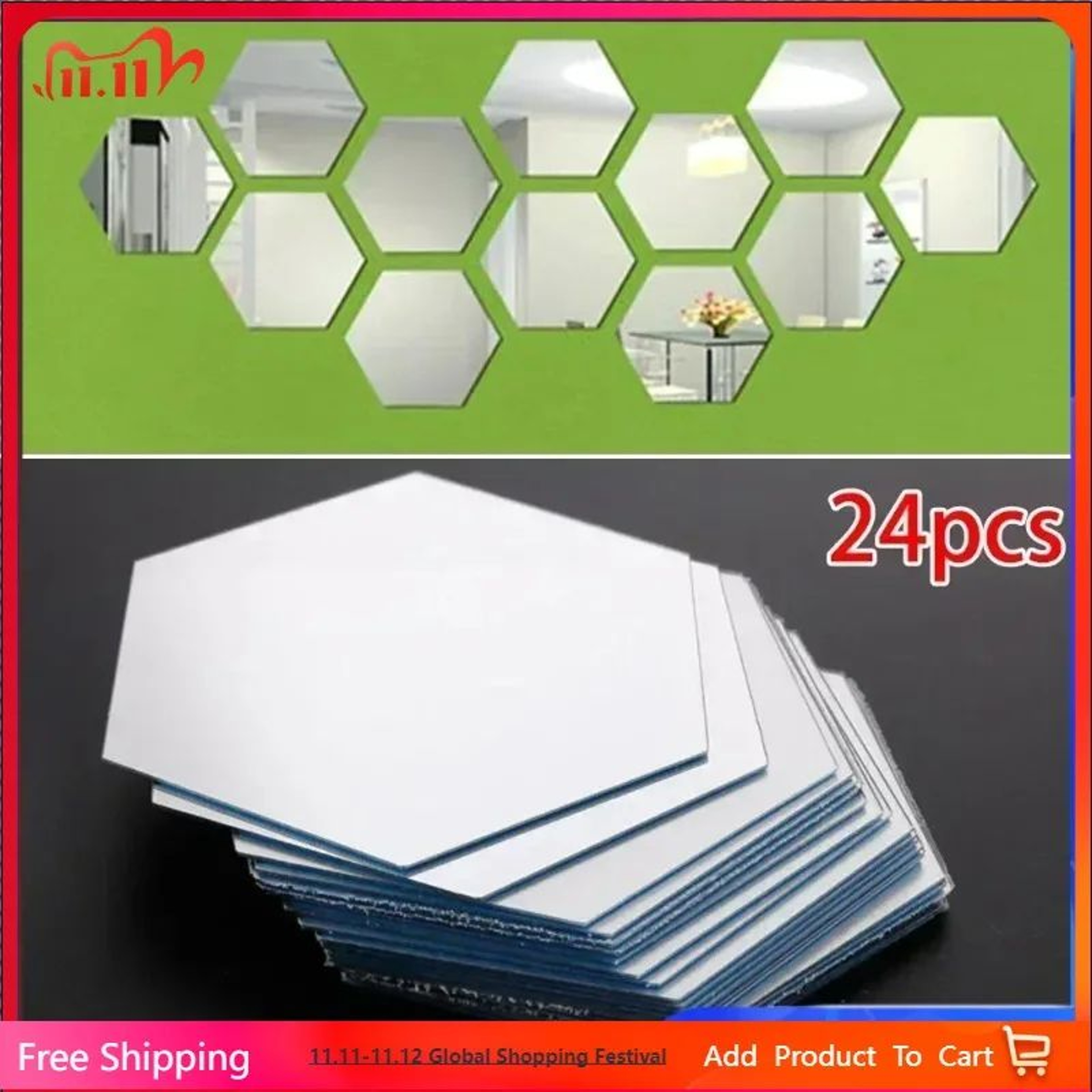 24 Pack Hexagon Acrylic Mirror Stickers SelfAdhesive 3D Wall Mosaic Tiles For Home Decor 0