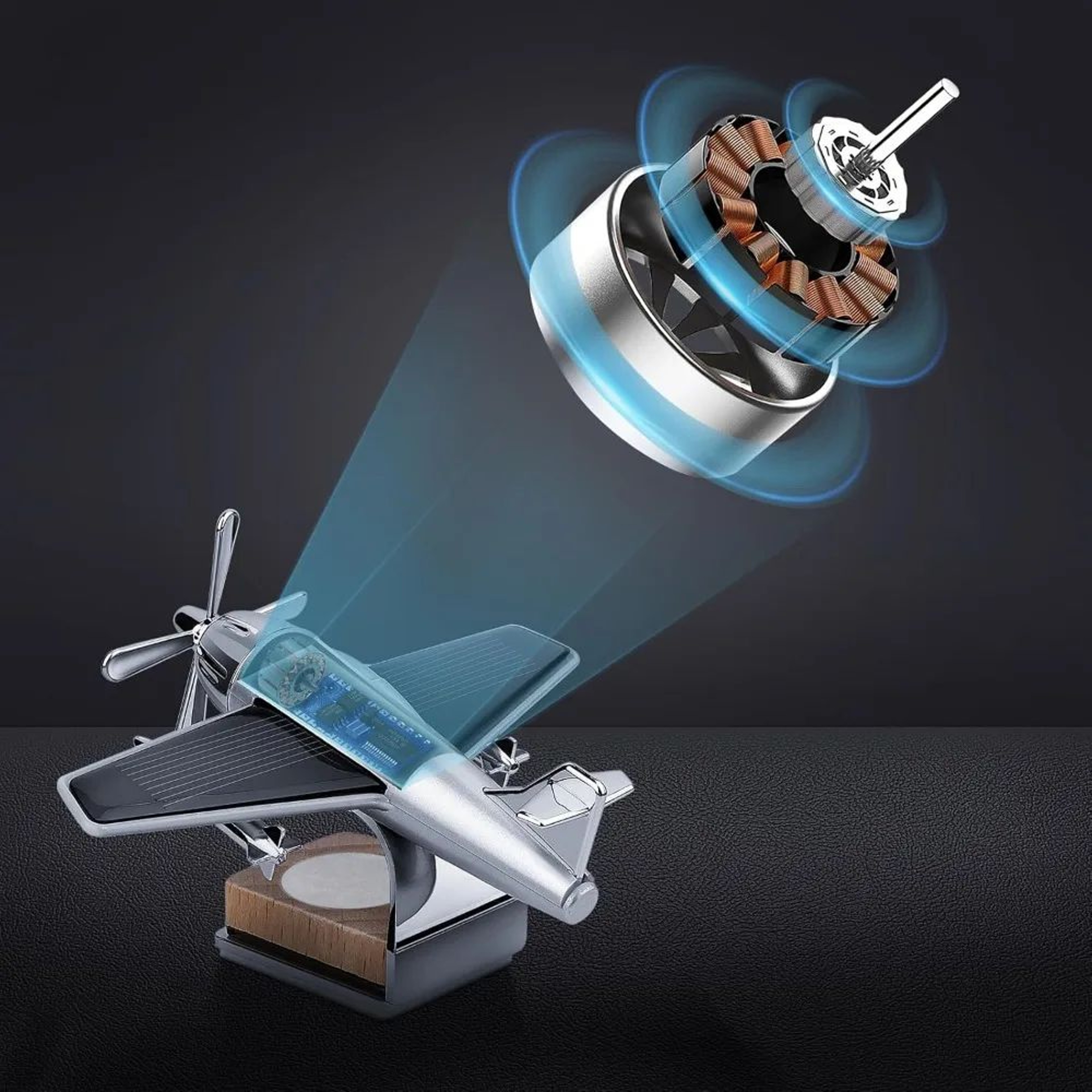 Solar Powered Airplane Car Diffuser With Wooden Base For Home And Office 5