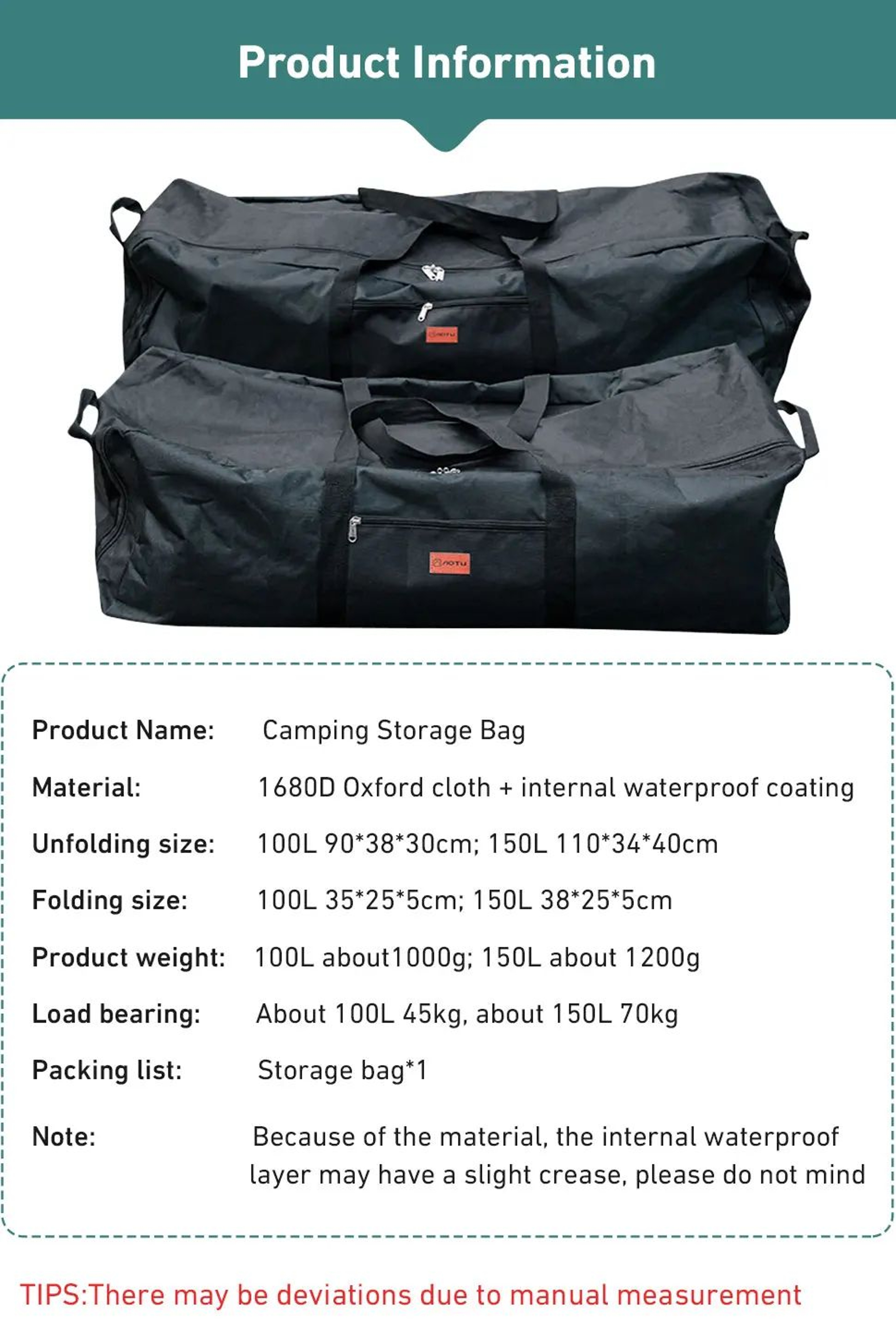 Westtune 100L Camping Tools Storage Bag Folding Large Capacity Travel Gear Organizer 7