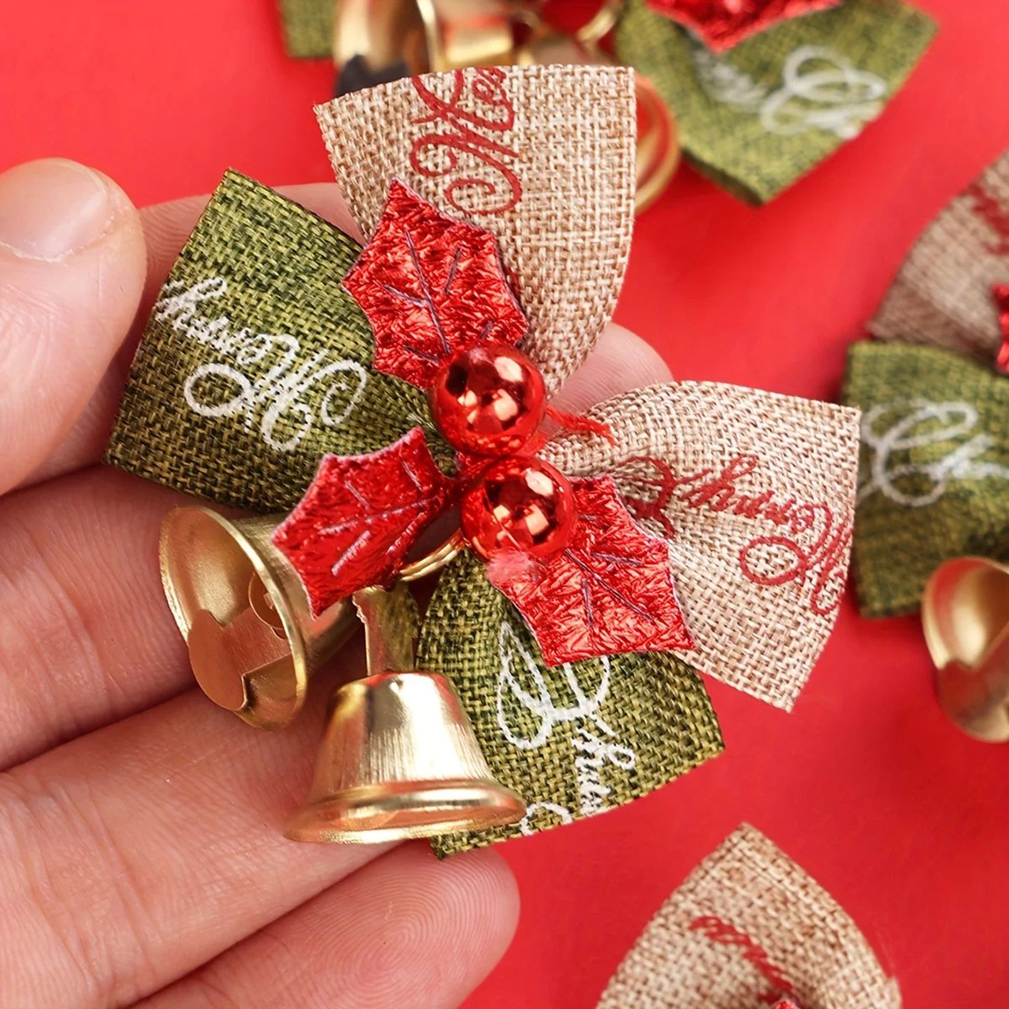 10Piece Christmas Ribbon Bows With Bells  Mini Red  Green Ornaments For Gift Boxes Trees  Wedding D 0