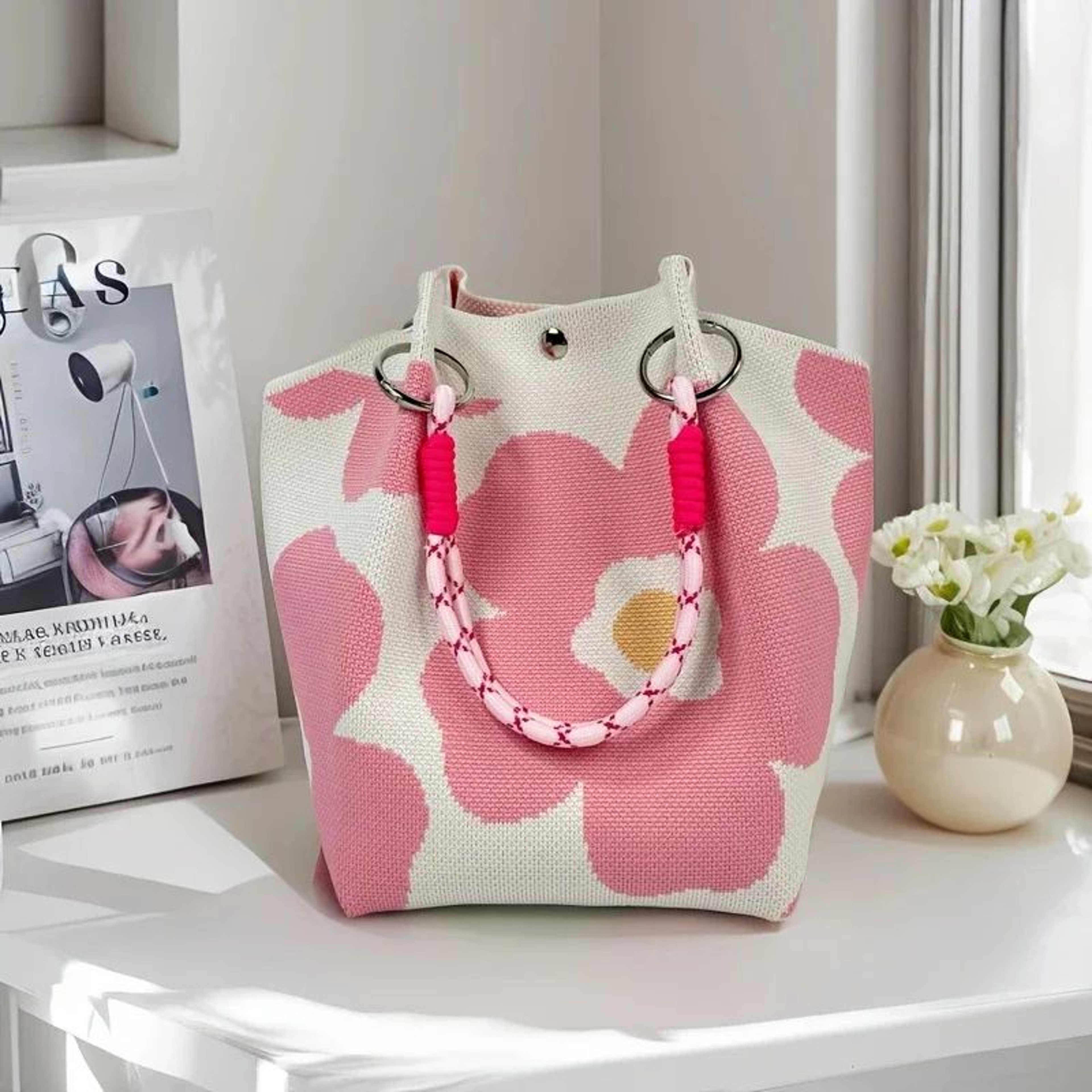 Vintage Floral Knit Tote Bag For Women 7
