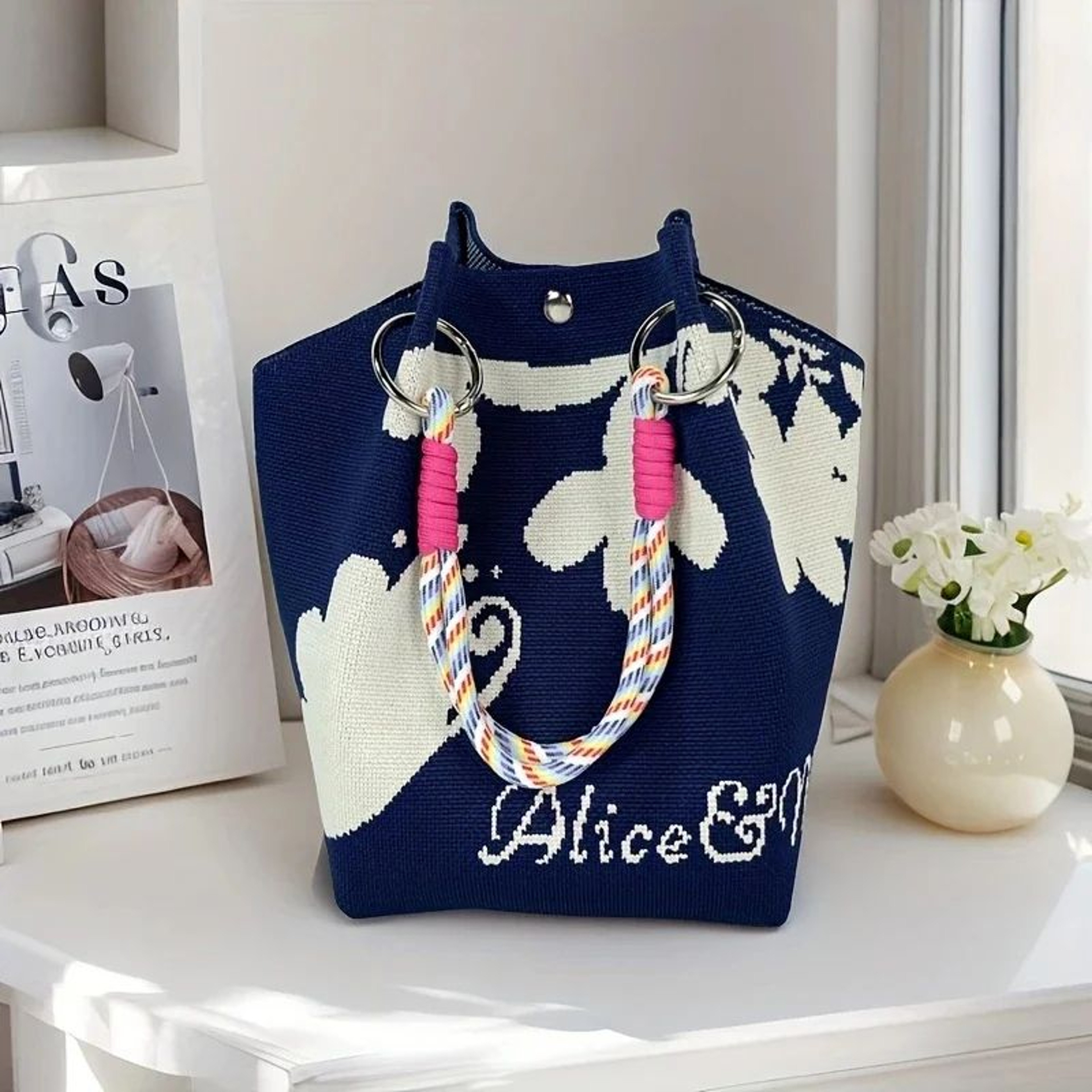 Vintage Floral Knit Tote Bag For Women 8